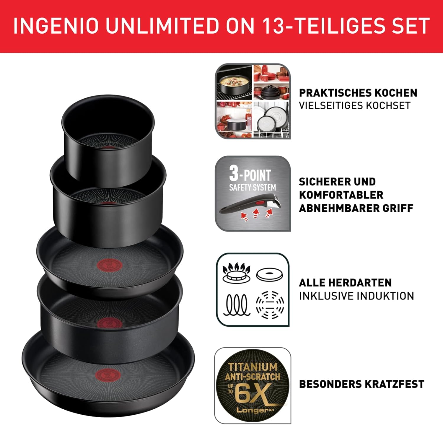 Tefal Ingenio Unlimited On L39593 13-teiliges Kochtopf- und Pfannenset, abnehmbarer Griff, stapelbar, platzsparend, Induktionspfannen mit Antihaftbeschichtung, einfach zu bedienen und zu reinigen – Bild 2