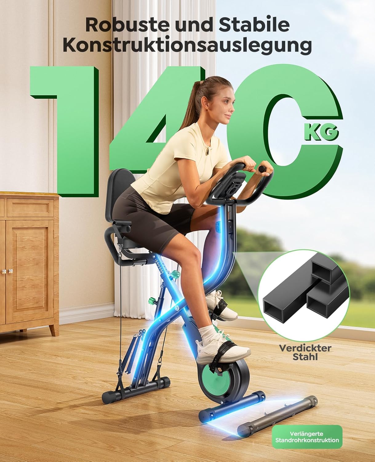 Toputure Klapp-Heimtrainer mit App, 5-in-1-Ergometer mit Hand-Bein-Zugseilen, 16 Magnetwiderstände, Indoor-Heimtrainer bis 140 kg, Ultraschall – Bild 7