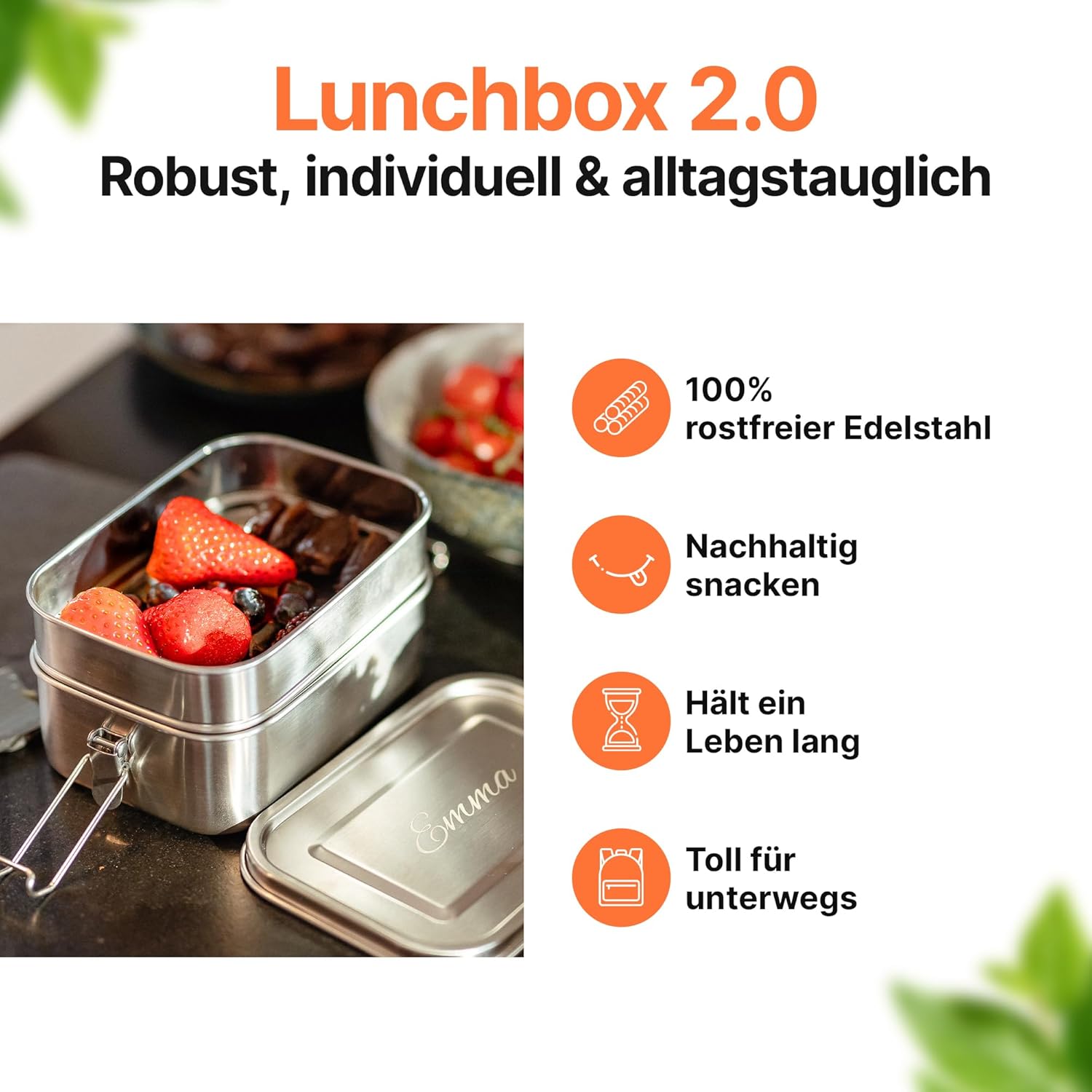 Isonio Lunchbox aus Edelstahl mit Lasergravur, inkl. Trennwand und Dichtungsring, Lunchbox, Bento-Box mit Namensgravur, M, Edelstahl-Doppeldecker – Bild 2