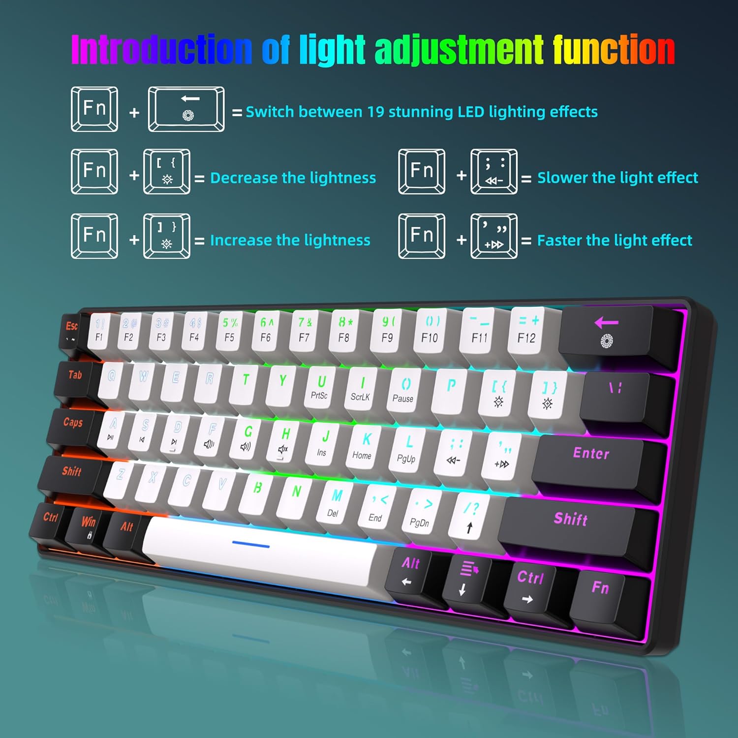Snpurdiri 60 % kabelgebundene mechanische Gaming-Tastatur, 61 Anti-Ghosting-Tasten, RGB-Hintergrundbeleuchtung, ultrakompakte blaue Schalter, zwei Ständer, Schwarz/Weiß – Bild 3