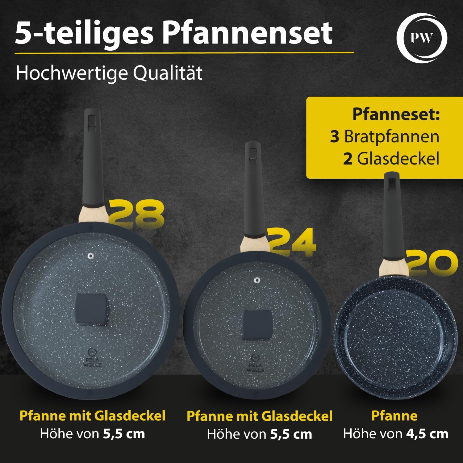 Pela Welle Induktions-Pfannenset, 3 beschichtete Pfannen mit 2 Deckeln, schwarz, Bratpfanne Induktion (5-teilig aus Keramik), Pfannenset mit Deckel, Pfanne ohne PFOA, PFAS, PTFE, Bratpfanne beschichtet – Bild 2