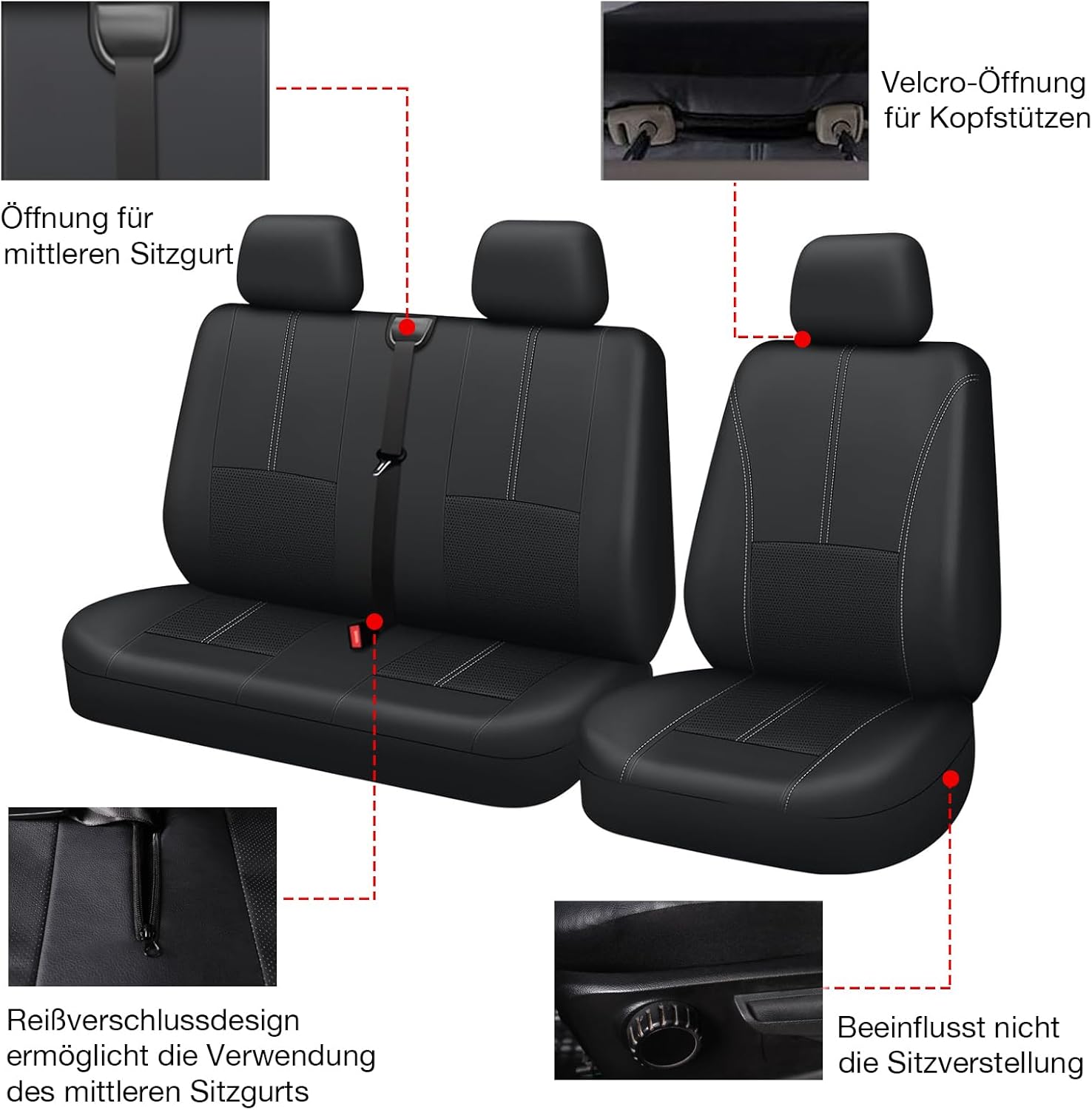 TOYOUN Universal Autositzbezüge für Transporter LKW Vordere Autositzbezüge Kunstleder Sitzbezug Fahrersitz + 2 Beifahrersitzbank Schonbezüge Schwarz – Bild 3