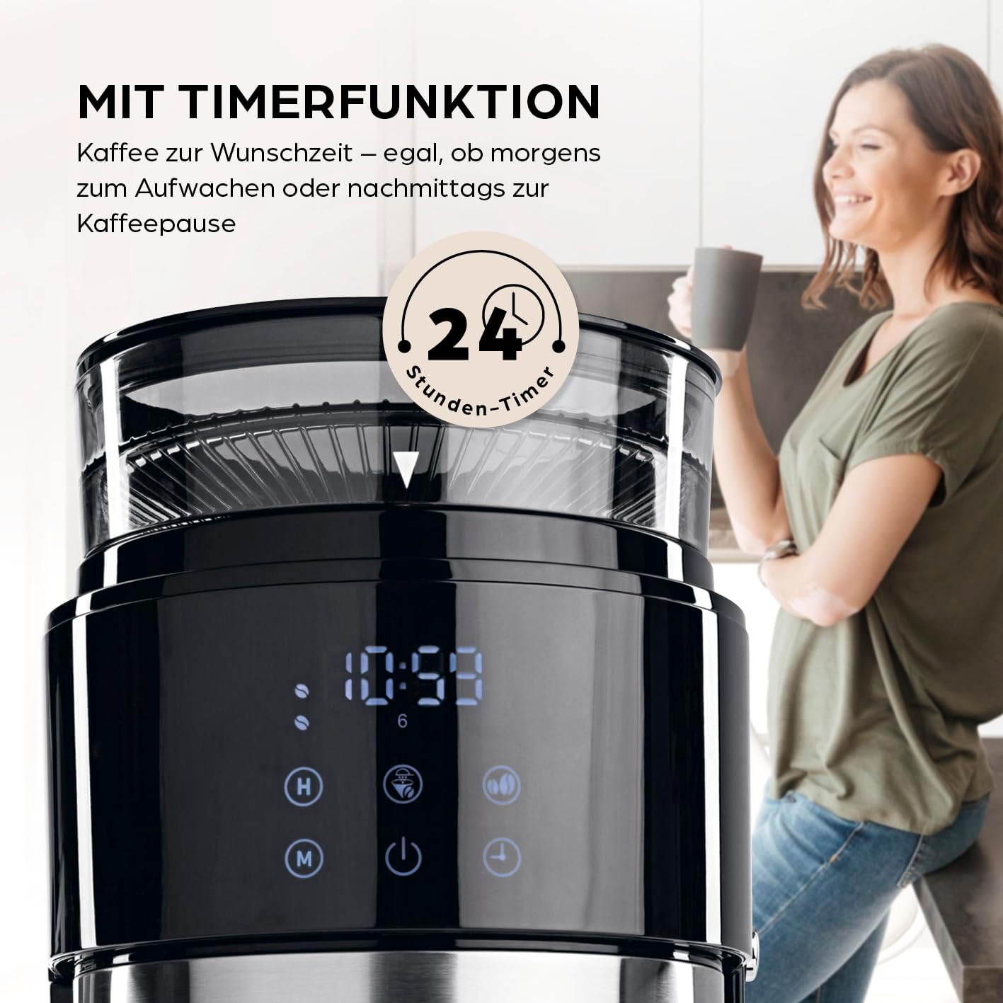 Barista-Filterkaffeemaschine mit verstellbarem Mahlwerk (Pro-Design) | Warmhaltefunktion, 24-Stunden-Timer und Permanentfilter | Für 10 Tassen Kaffee | Kaffeemaschine für Bohnen und Pulver (Edelstahl) – Bild 2