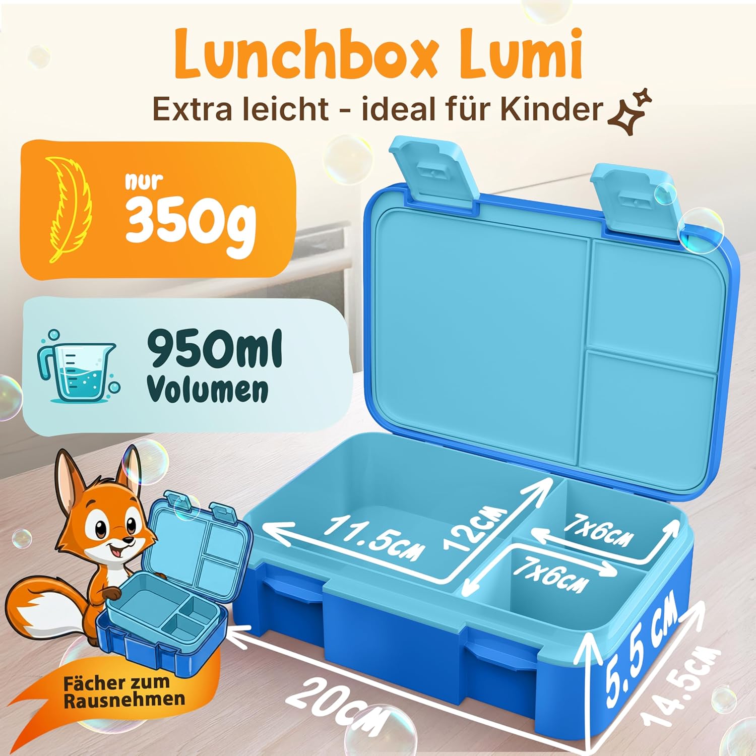 Funkelfuchs Lumi, Kinder-Brotdose mit Fächern, 950 ml, blau, BPA-freie Lunchbox für Schule & Kindergarten, superleicht, nur 350 g, auslaufsicher, spülmaschinenfest, Bento-Box, Snack-Box, Brotbox – Bild 2