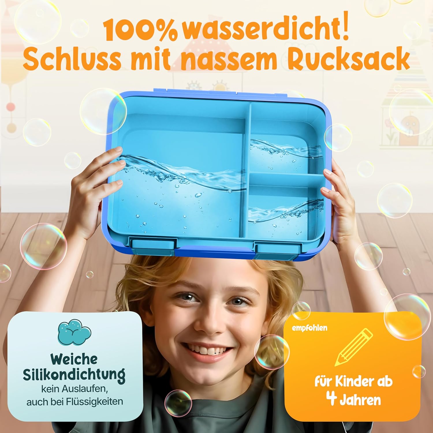 Funkelfuchs Lumi, Kinder-Brotdose mit Fächern, 950 ml, blau, BPA-freie Lunchbox für Schule & Kindergarten, superleicht, nur 350 g, auslaufsicher, spülmaschinenfest, Bento-Box, Snack-Box, Brotbox – Bild 3
