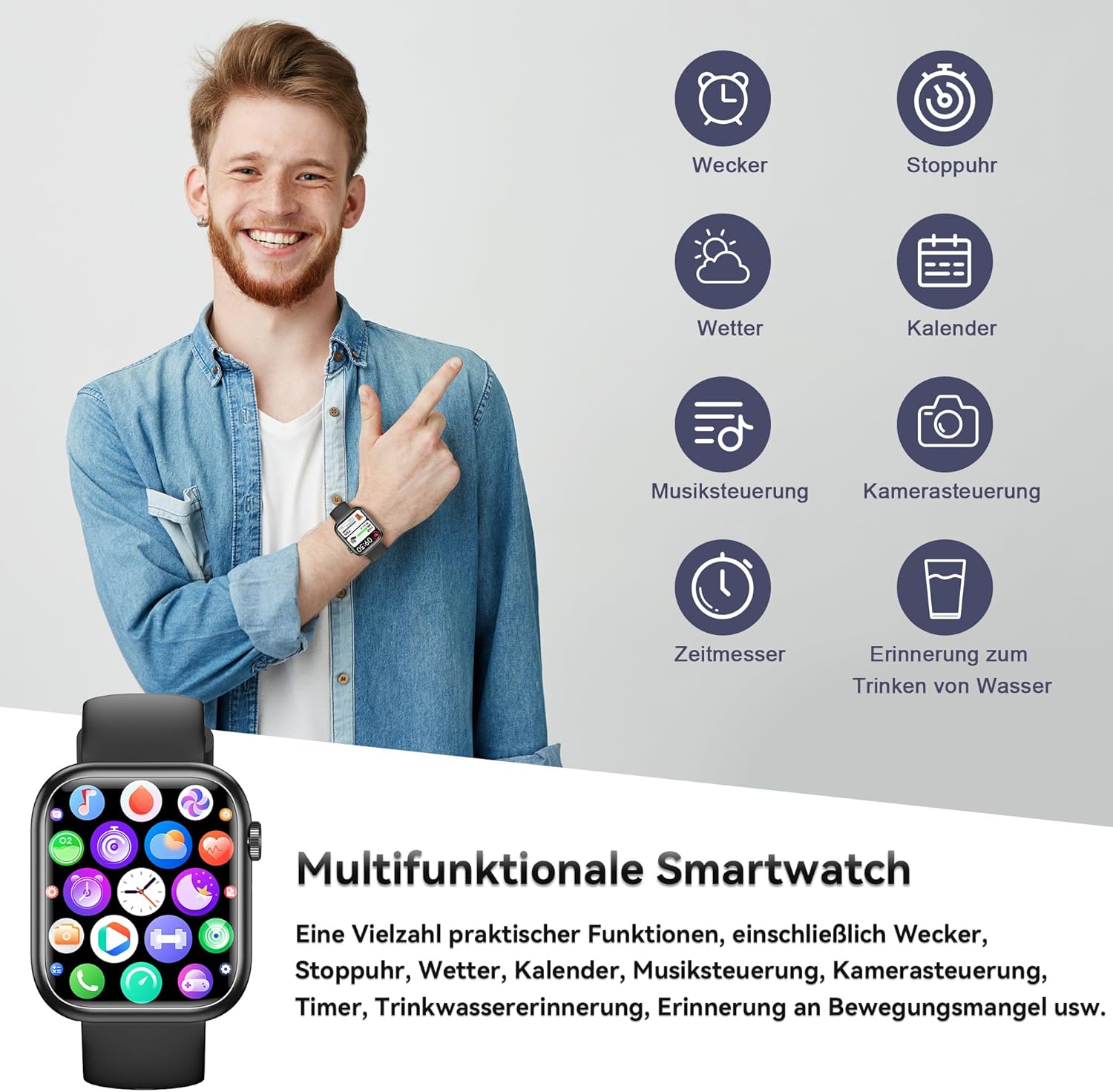 Smartwatch für Damen und Herren, 1,83 Zoll HD-Fitness-Tracker mit Schrittzähler, Blutdruckmessgerät, Herzfrequenzmesser, Telefonfunktion, Schlaf-Tracker, 120+ Sportmodi, IP68 wasserdichte Fitnessuhr – Bild 5