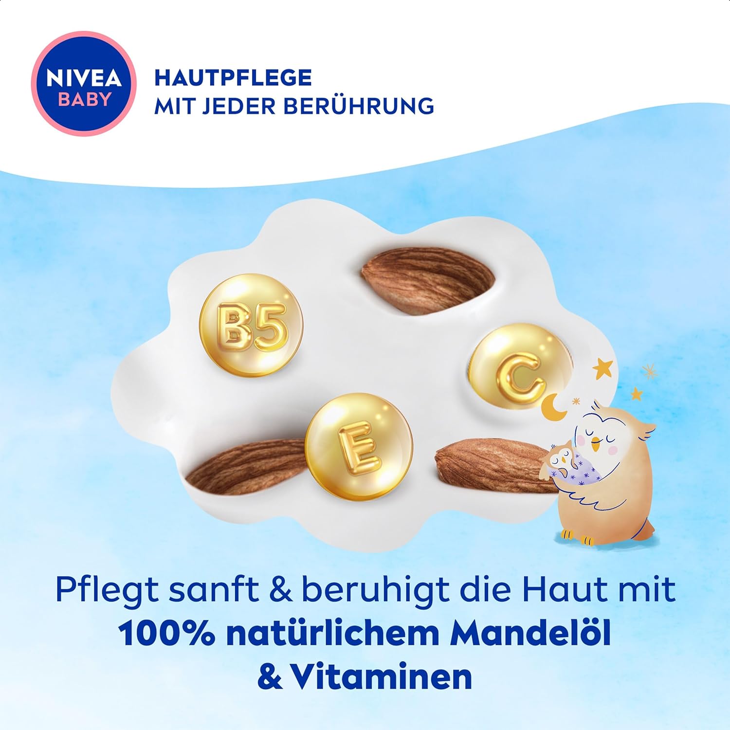Nivea Baby Gute Nacht Lotion, Bodylotion pflegt zarte Babyhaut mit Mandelöl, Vitamin E, C und B5, vegane Babylotion mit hypoallergener Formel ohne Parabene und Mikroplastik (200 ml) – Bild 4