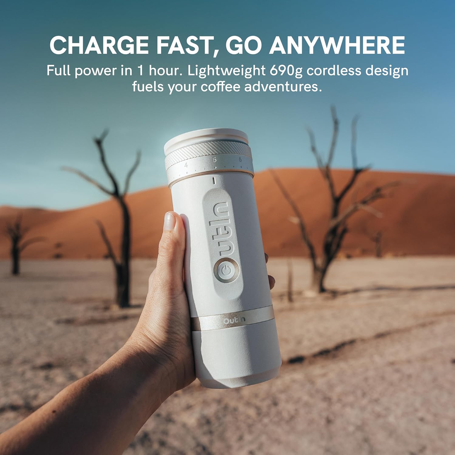 OutIn Fino Tragbare elektrische Kaffeemühle, Kegelmahlwerk – 28 externe Mahlstufen, 7-Sterne-Edelstahlkegel und Ein-Knopf-Bedienung, kompakte Kaffeemühle Espresso mit Schnellladung, für Reisen und Haushalt – Bild 7