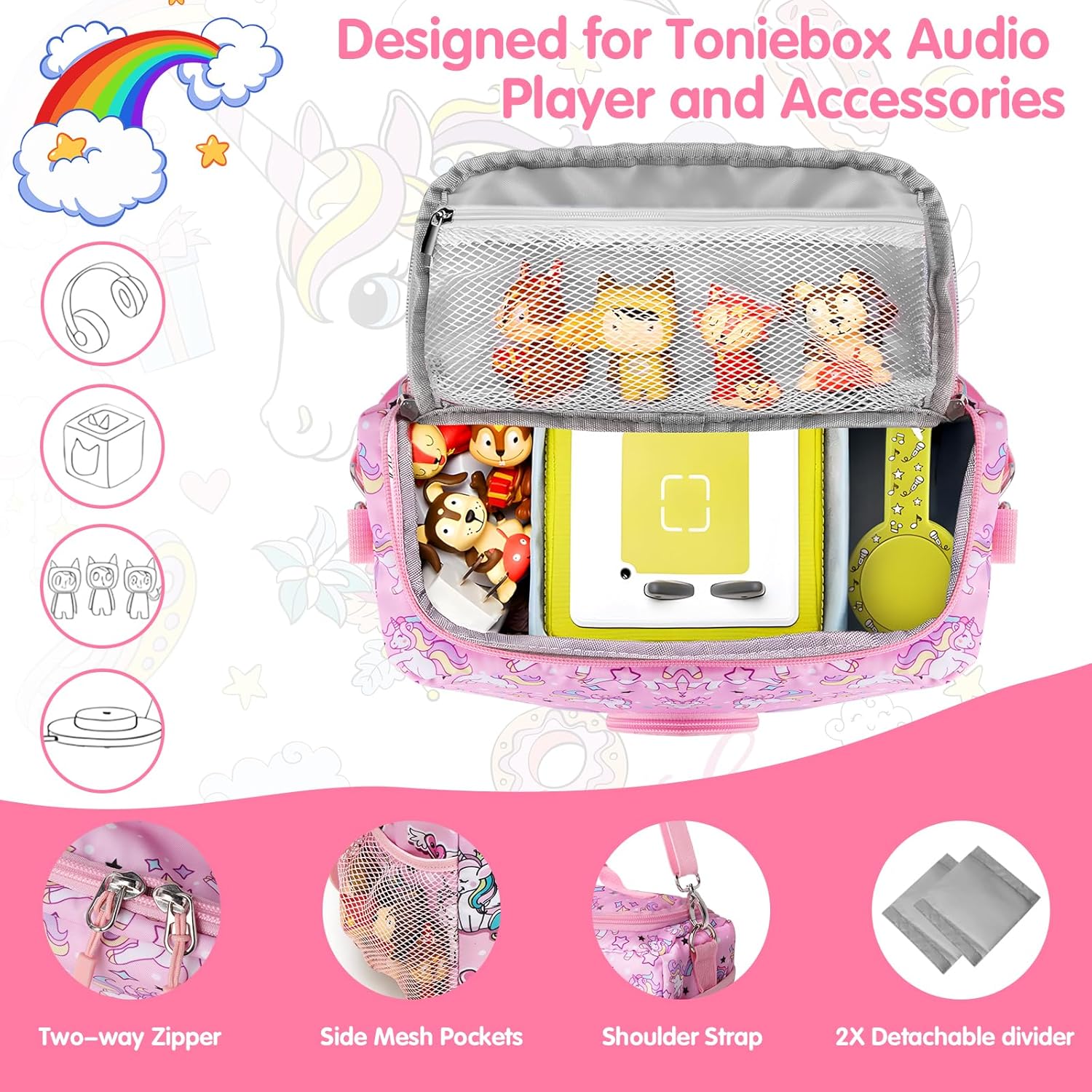 Tasche für Toniebox, Transporttasche für Tonie-Starterset, Kopfhörer, Ladestation und Zubehör, Aufbewahrungstasche für Toniebox-Audioplayer mit Reißverschluss und verstellbarem Riemen (Rosa) – Bild 2