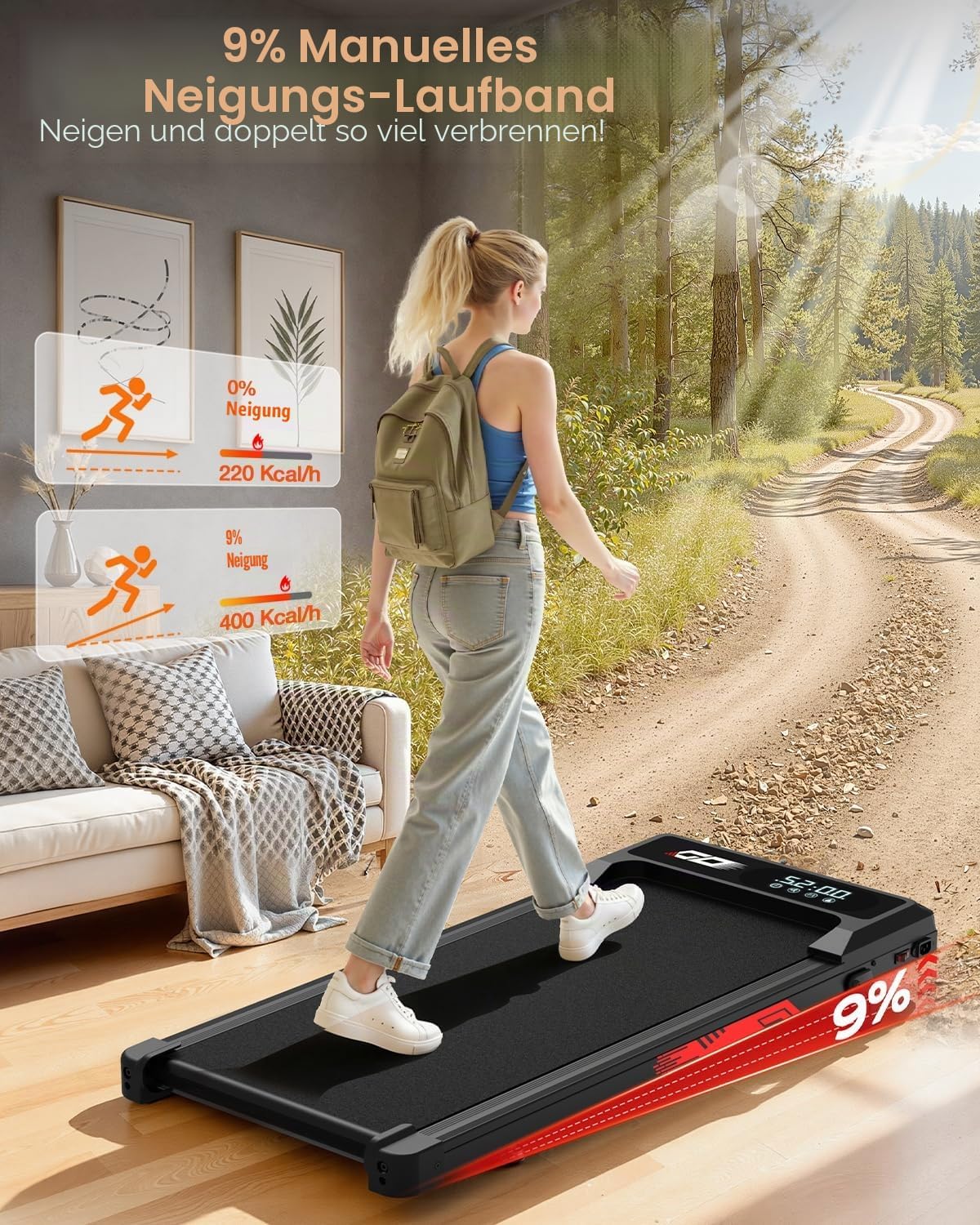 Zusammenklappbares elektrisches Laufband mit 9 % Steigung, Gehpad leise 1–10 km/h für Zuhause und Büro, bürstenloser 3,0-PS-Motor, LED-Anzeige, Stoßdämpfung, bis zu 140 kg – Bild 3