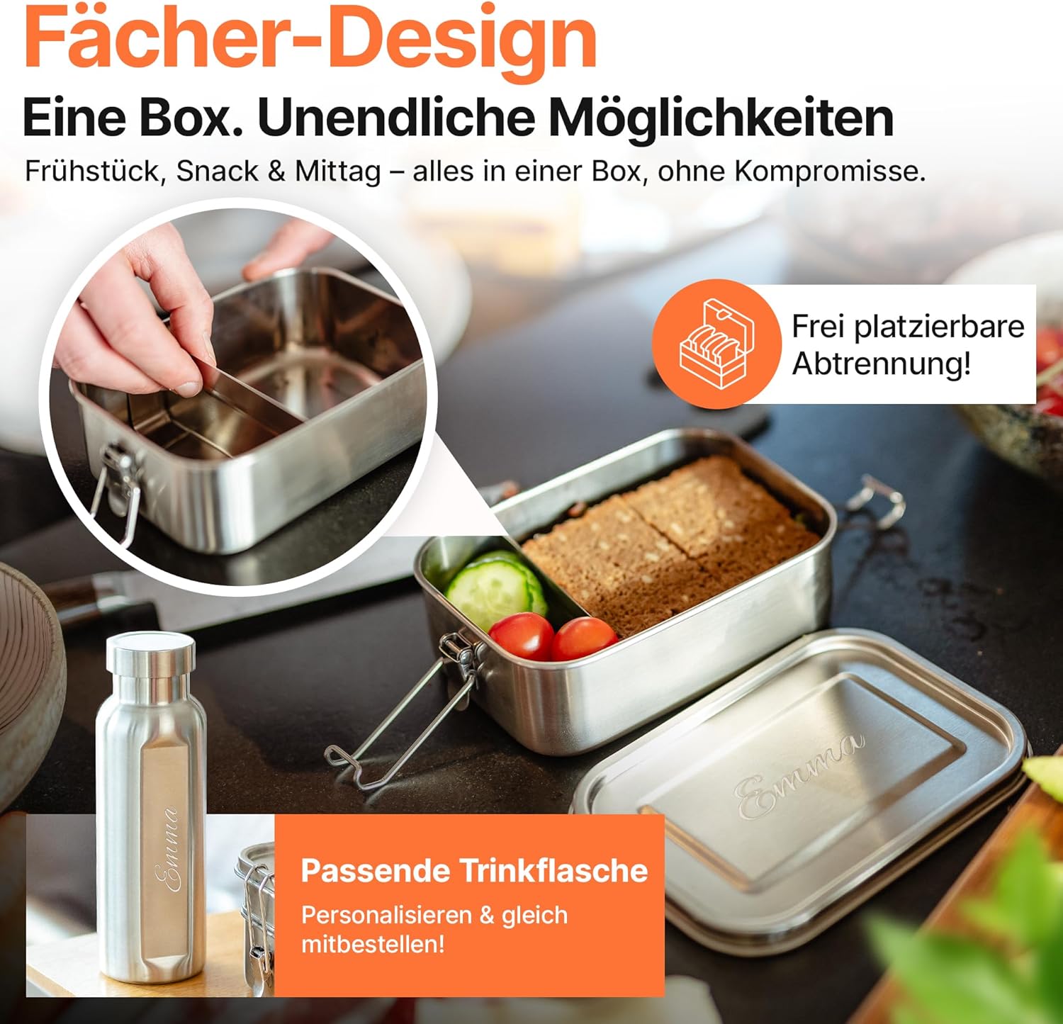 Isonio Lunchbox aus Edelstahl mit Lasergravur, inkl. Trenn- und Dichtungsring, Lunchbox, Bento-Box mit Namensgravur, M, Edelstahl – Bild 5