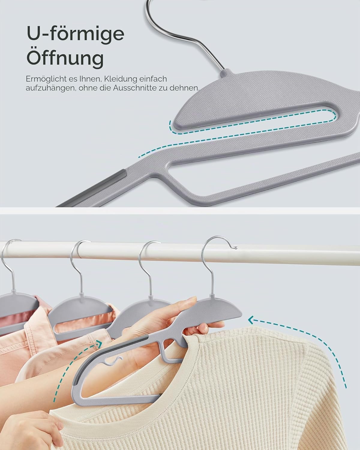 SONGMICS 20 Stück Kleiderbügel aus Kunststoff, strapazierfähig, S-förmige Öffnung, rutschfest, 0,5 cm dick, platzsparend, 360° drehbarer Haken, 41,5 cm breit – Bild 3