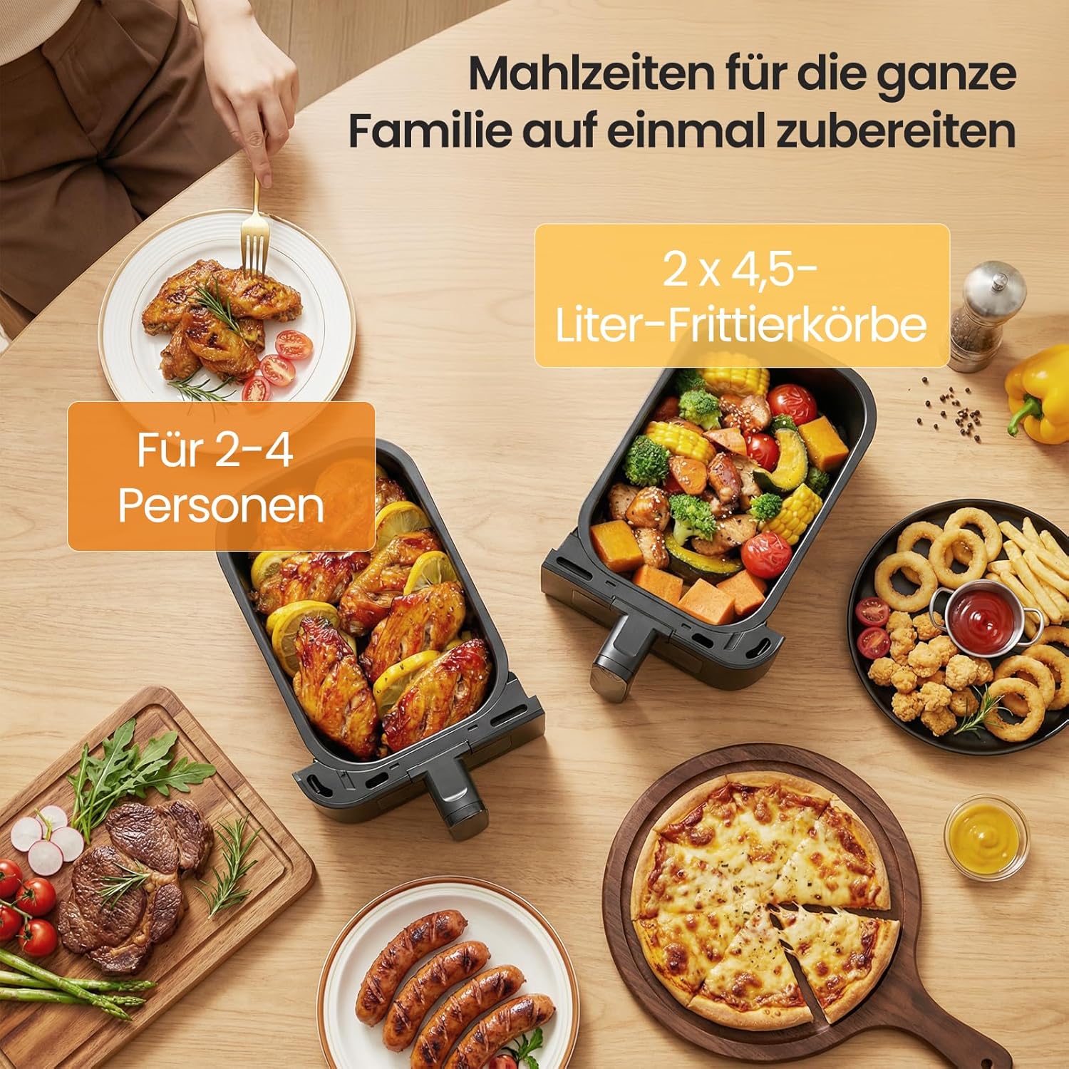 LLIVEKIT 9L Doppelkammer-Heißluftfritteuse, 2 x 4,5 L Airfryer mit automatischer Abschaltung, 4D-Konvektion, 70 % Energieeinsparung, 8 Programme, Sync-Finish, spülmaschinenfest, PFOA-frei – Bild 7