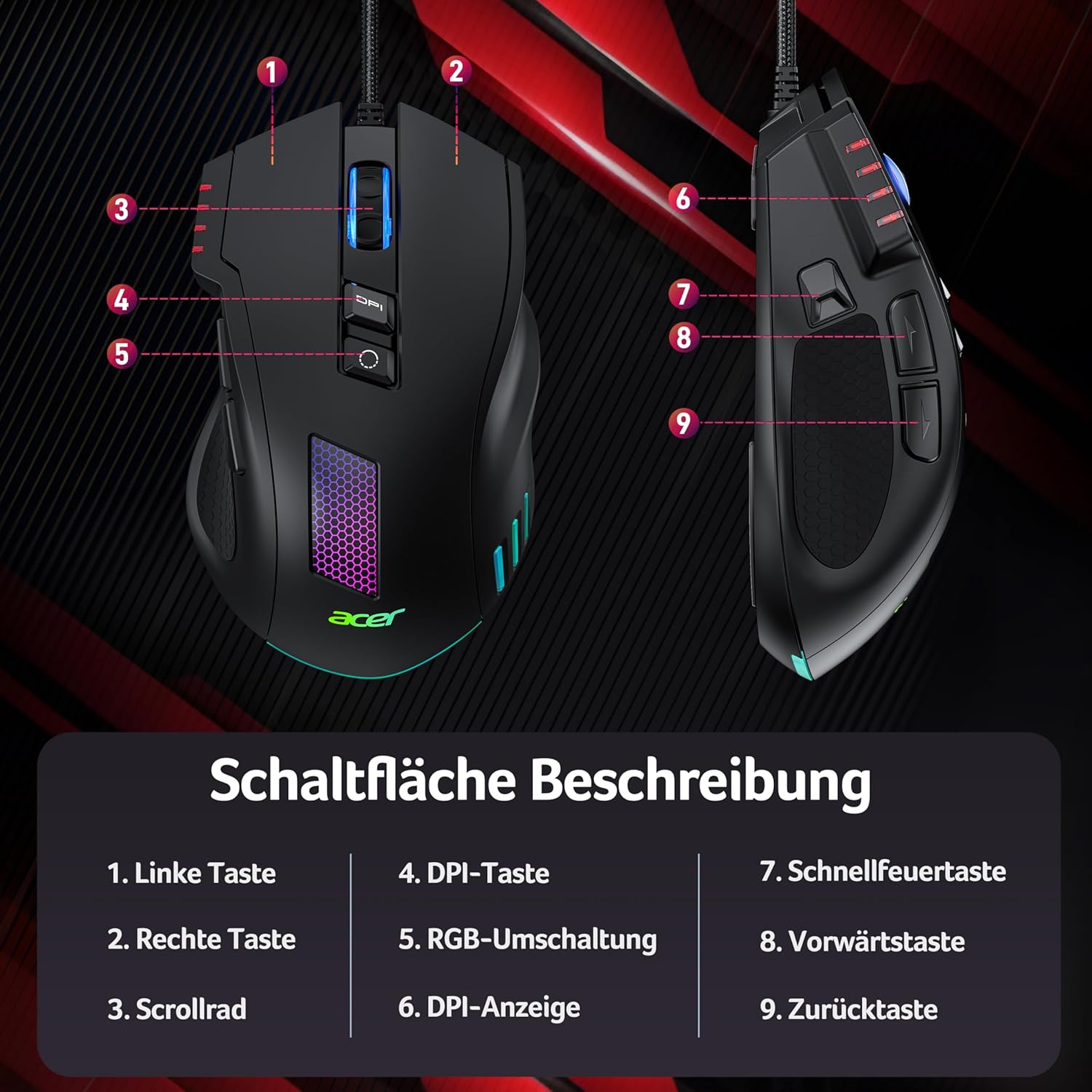 Acer Gaming-Maus mit Kabel 12800 DPI, kabelgebundene Computer-Gaming-Maus mit Treiber, 1000 Hz Abfragerate und 8 programmierbaren Tasten, Schnellfeuertaste und RGB-Lichtern, PC-Gaming-Maus, ideal für PC/Laptop – Bild 8