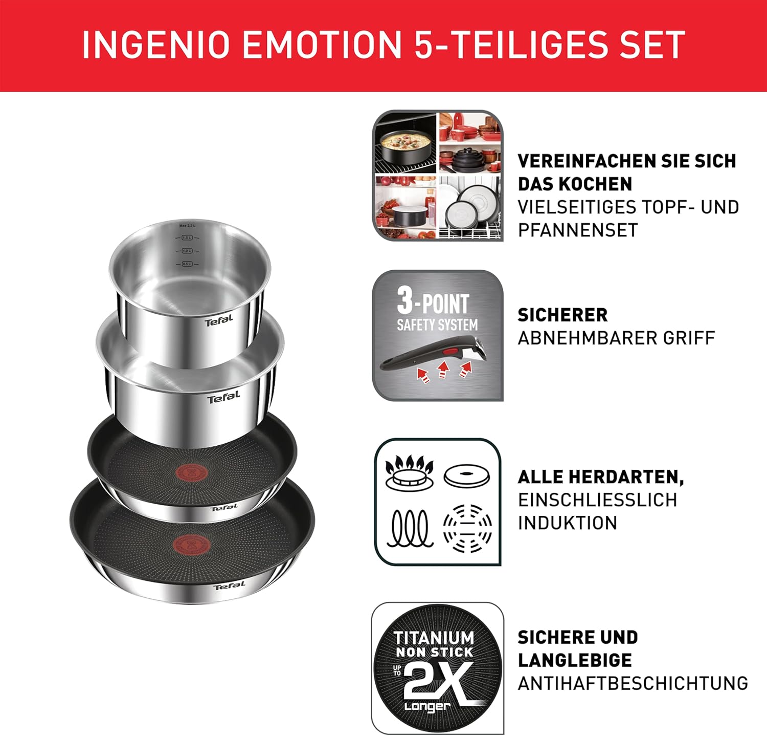 Tefal Ingenio Emotion L897S5 5-teiliges Topf- und Pfannenset, abnehmbarer Griff, stapelbar, platzsparend, Induktionstopfset mit Titan-2-fach-Antihaftbeschichtung, einfach zu bedienen und zu reinigen – Bild 3