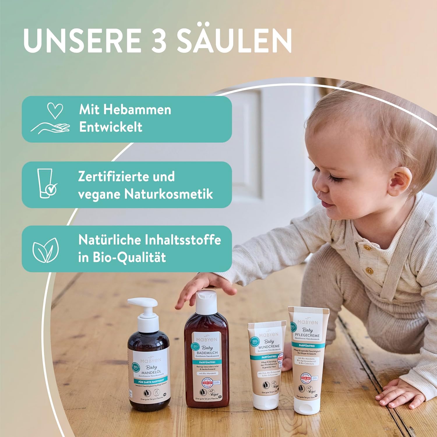 MABYEN Babypflege Rundum-Sorglos-Set | Naturkosmetik - 3 Produkte - Bio - Babyausstattung - Geschenkset - mit Mandelöl, Wundcreme & Wind- & Wettercreme – Bild 9