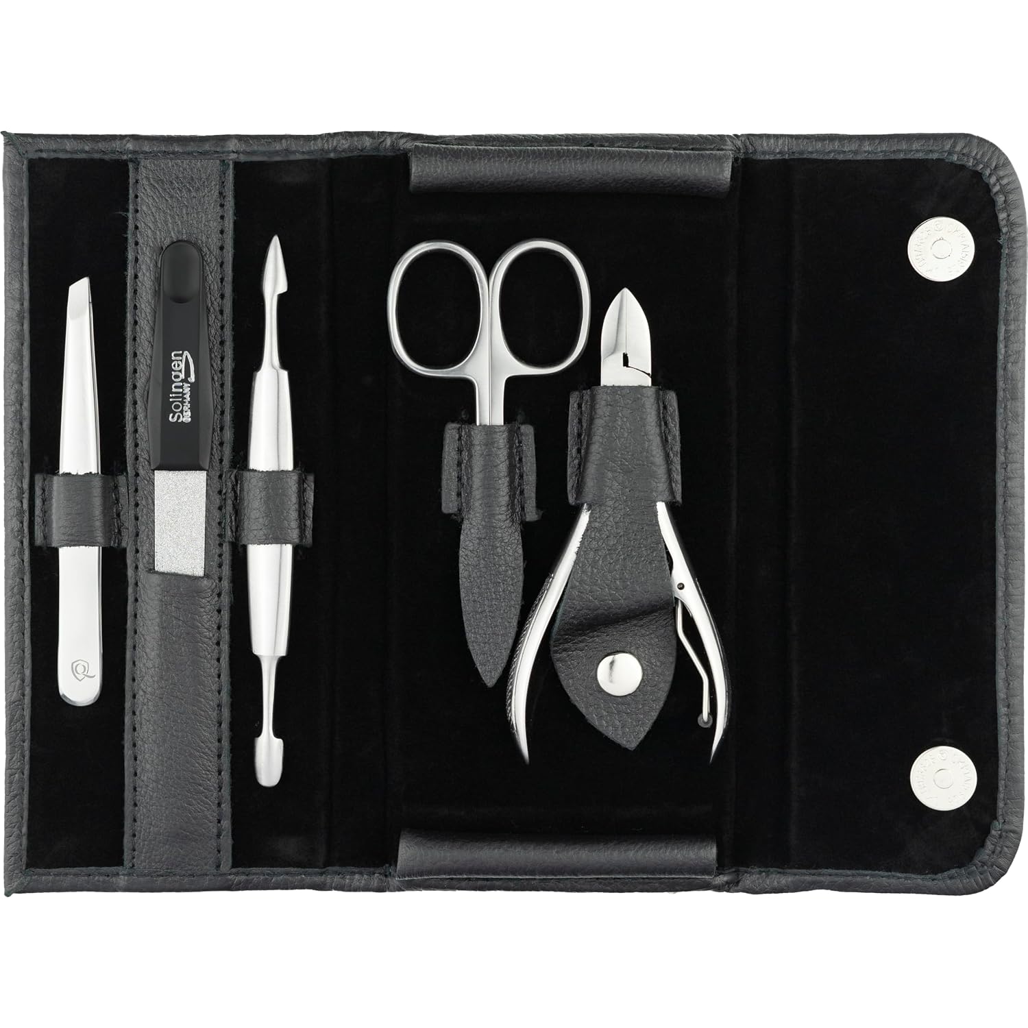 marQus Premium Maniküre-Set aus Edelstahl, 5-teilig im Echtleder-Etui, handliches und weiches Komplettset mit allem für die Hand- und Fußpflege, Nagelset schwarz – Bild 2