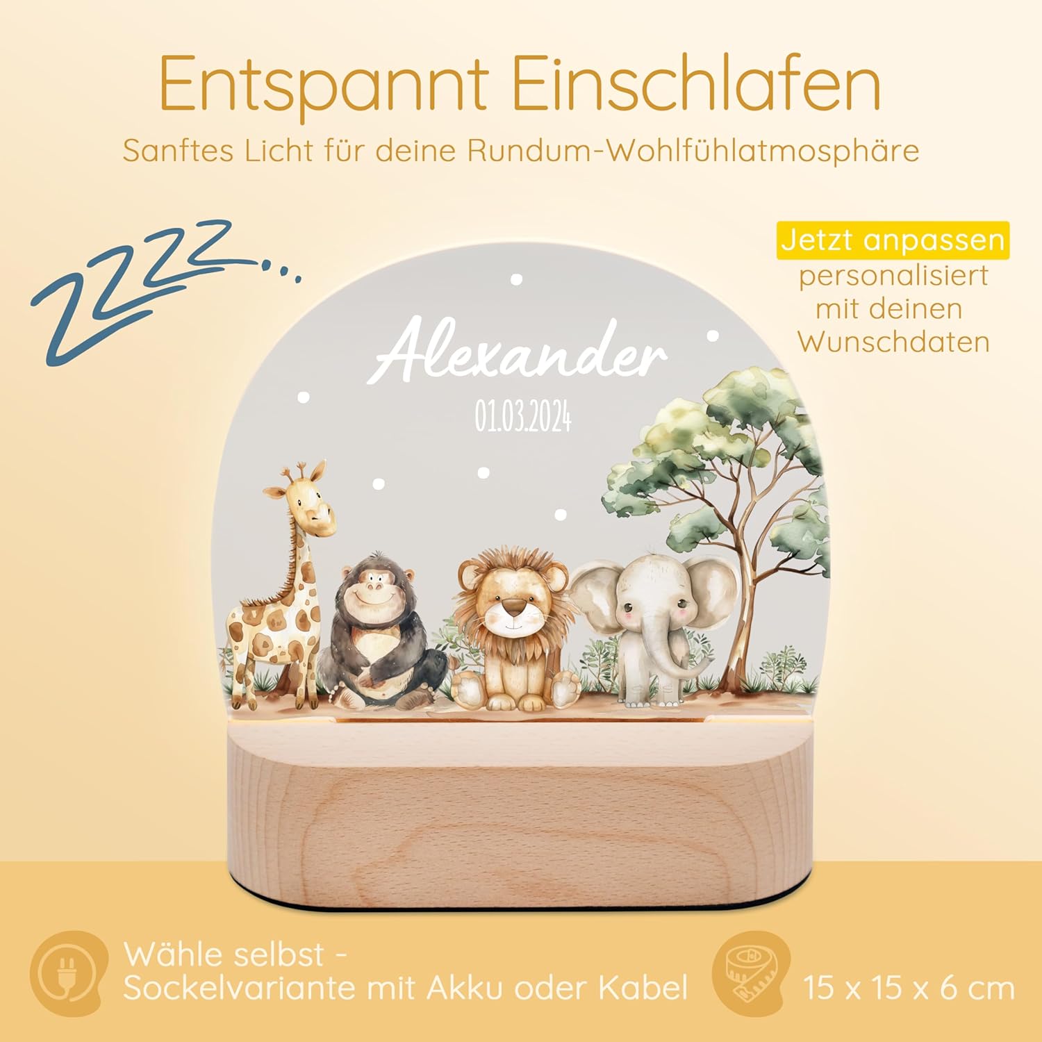 Bärenfreunde - Personalisiertes Nachtlicht für Babys - Individuelle Nachttischlampe für Kinder - Personalisierte Geschenke Kinder - Babygeschenk - Geschenk zur Geburt (Safaritiere) – Bild 6