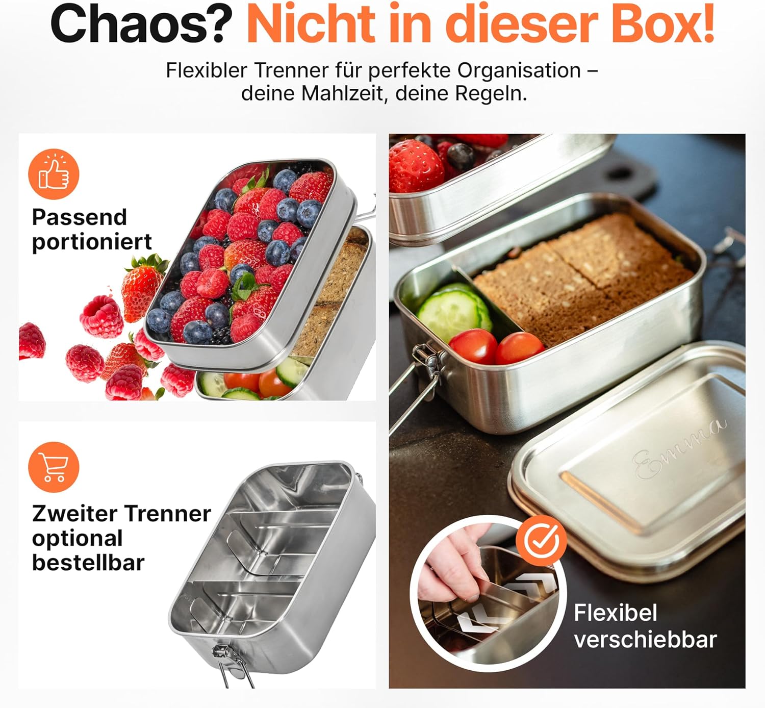 Isonio Lunchbox aus Edelstahl mit Lasergravur, inkl. Trennwand und Dichtungsring, Lunchbox, Bento-Box mit Namensgravur, M, Edelstahl-Doppeldecker – Bild 4