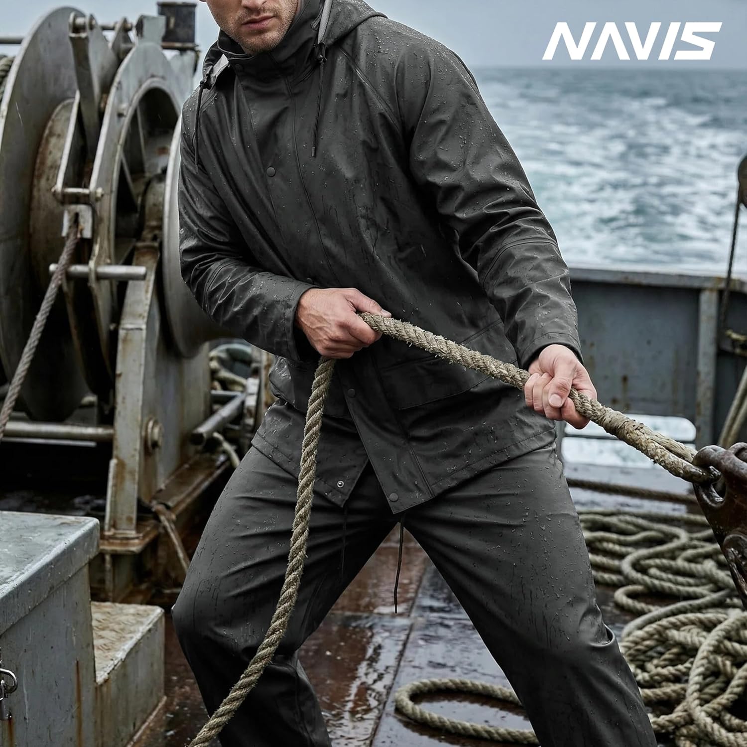 Wasserdichter Regenanzug für Herren – Regenjacke & Regenlatzhose mit abnehmbarer Kapuze, robuste PU-Arbeitskleidung für Bau, Industrie, Angeln – Bild 2