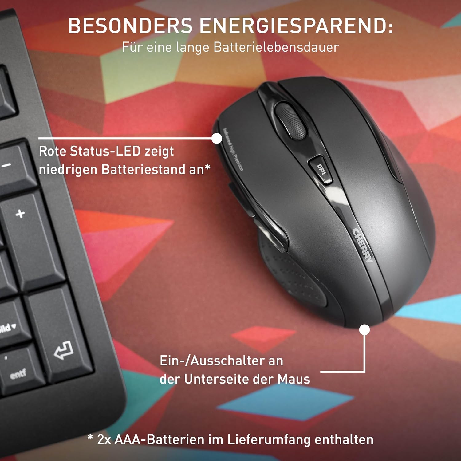 CHERRY MW 3000 kabellose ergonomische Maus für Rechtshänder, 2,4-GHz-Funk, 6 Tasten, optischer Sensor, gummierte Seiten, batteriebetrieben, schwarz – Bild 8