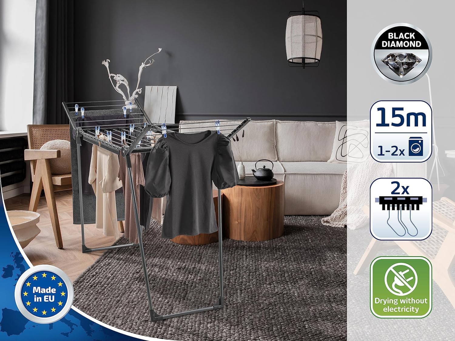 Leifheit Pegasus 150 Solid Black Edition, stabiler Wäscheständer mit Flügeln, auch für lange Kleidungsstücke geeignet, besonders schmal, passt durch enge Türen – Bild 2