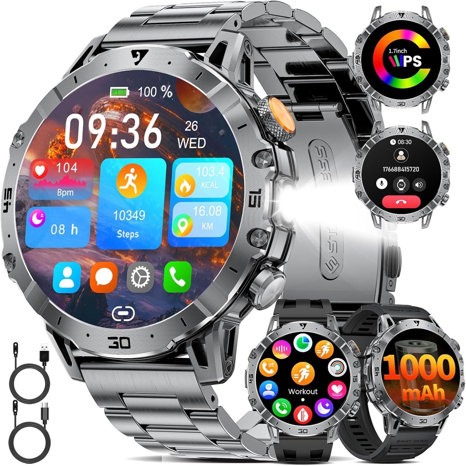 LIGE Militär-Smartwatch für Herren, 1000 mAh, großer Akku, 1,7 Zoll HD großes Display mit Telefonfunktion, LED-Taschenlampe, Fitness-Uhr mit 110+ Sportmodi, Herz-/Schlaf-Tracking, IP68-Sportuhr iOS/Android, Schwarz