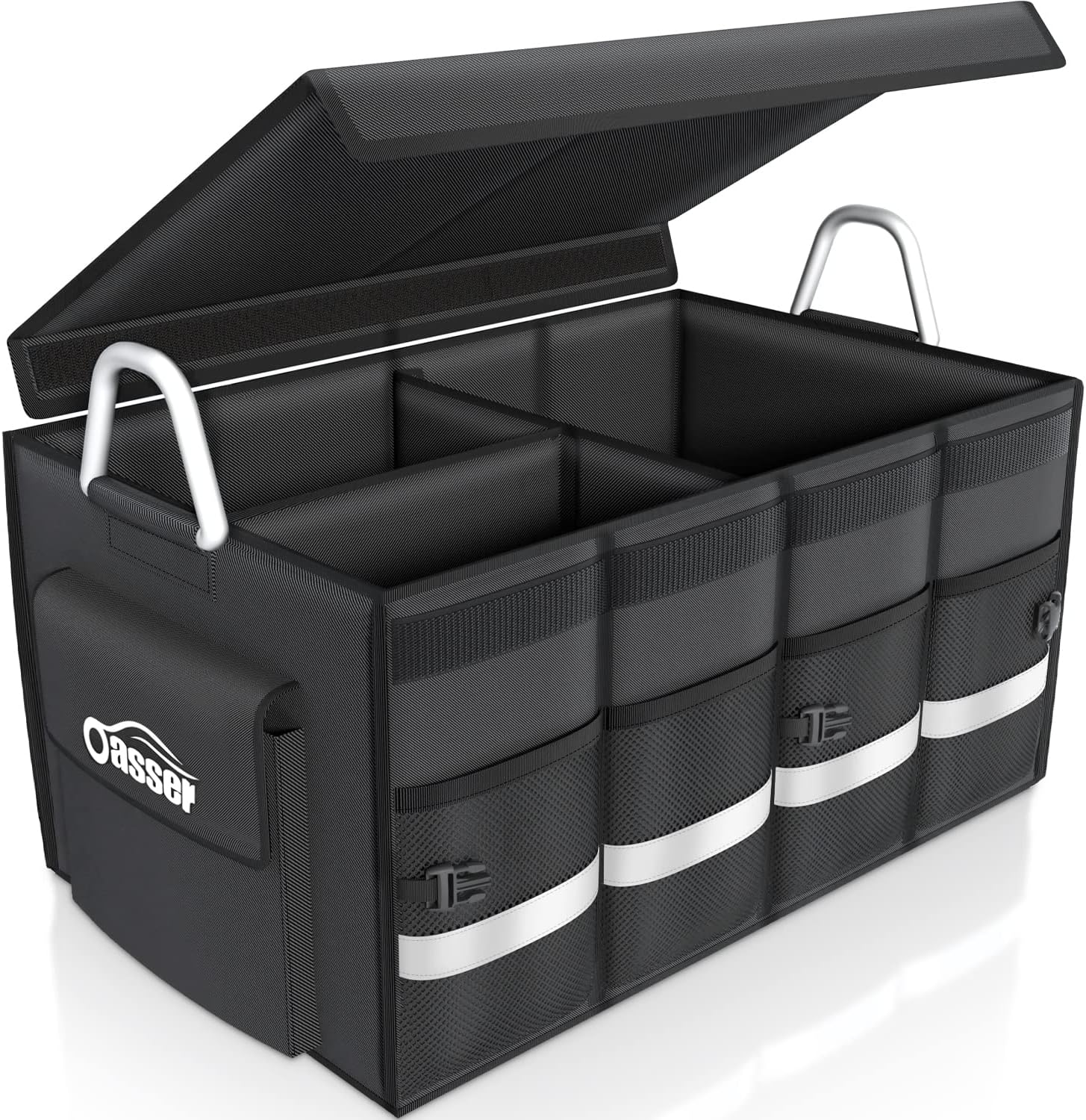 Oasser Kofferraum-Organizer mit Deckel, Kofferraum-Organizer, Autotasche, Kofferraumbox, praktisch, wasserdicht, rutschfest, faltbar, mit Aluminium-Griffen, reflektierende Streifen