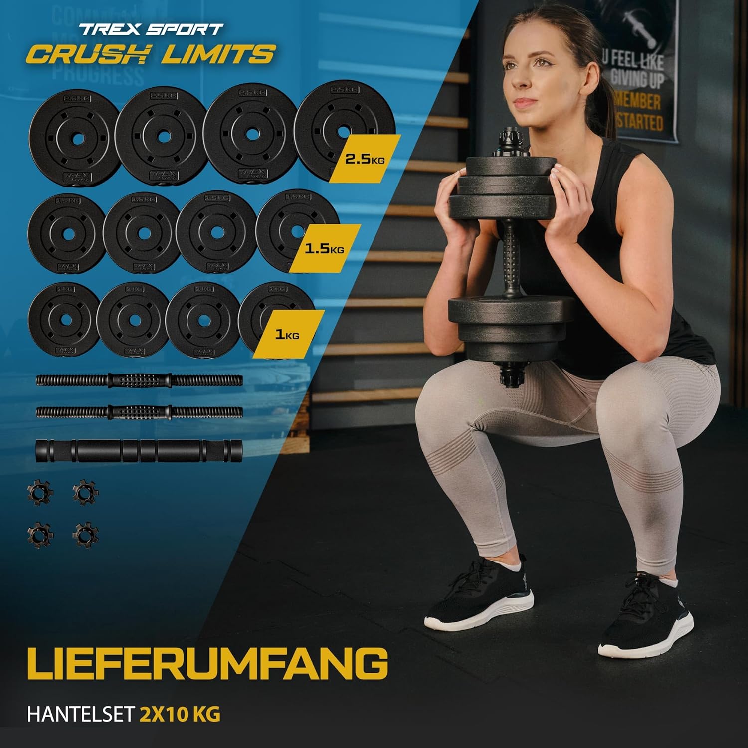 TREX SPORT Hanteln 2er Set Kurzhanteln & Langhantel | 20kg 40kg Hantelset | Kurzhanteln Set, Hanteln Set, Kurzhantel mit Verbindungsrohr & Langhantel, rutschfeste Griffe, robust – Bild 3