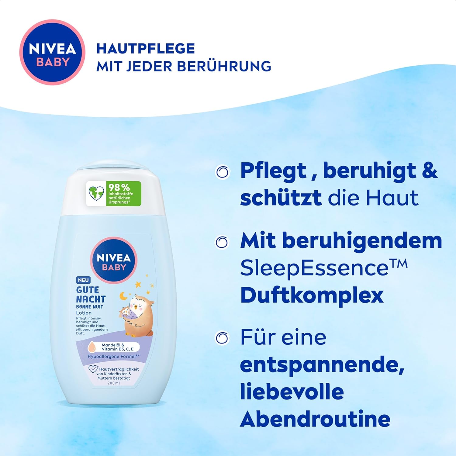Nivea Baby Gute Nacht Lotion, Bodylotion pflegt zarte Babyhaut mit Mandelöl, Vitamin E, C und B5, vegane Babylotion mit hypoallergener Formel ohne Parabene und Mikroplastik (200 ml) – Bild 3