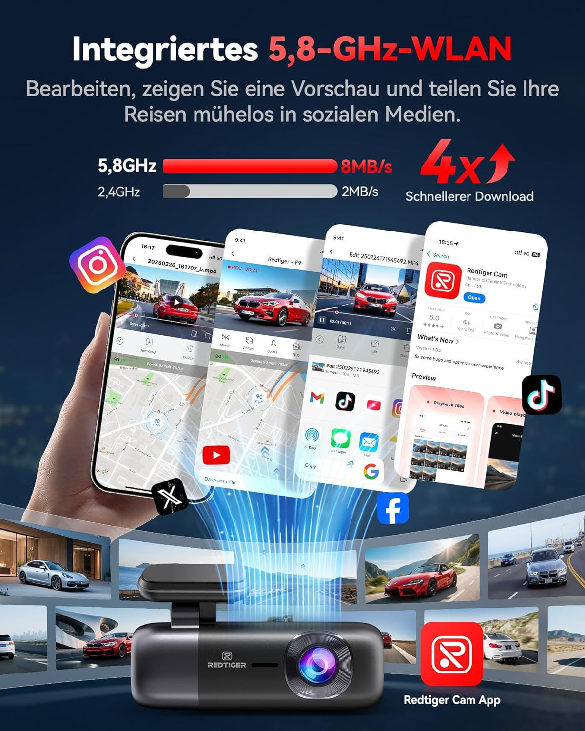 REDTIGER Dashcam Auto vorne hinten 4K/1080P, 5,8 GHz WiFi GPS Autokamera Loop-Aufnahme, Nachtsicht, Parkmodus, intelligente App-Steuerung, Unterstützung bis zu 256 GB (F9) – Bild 2