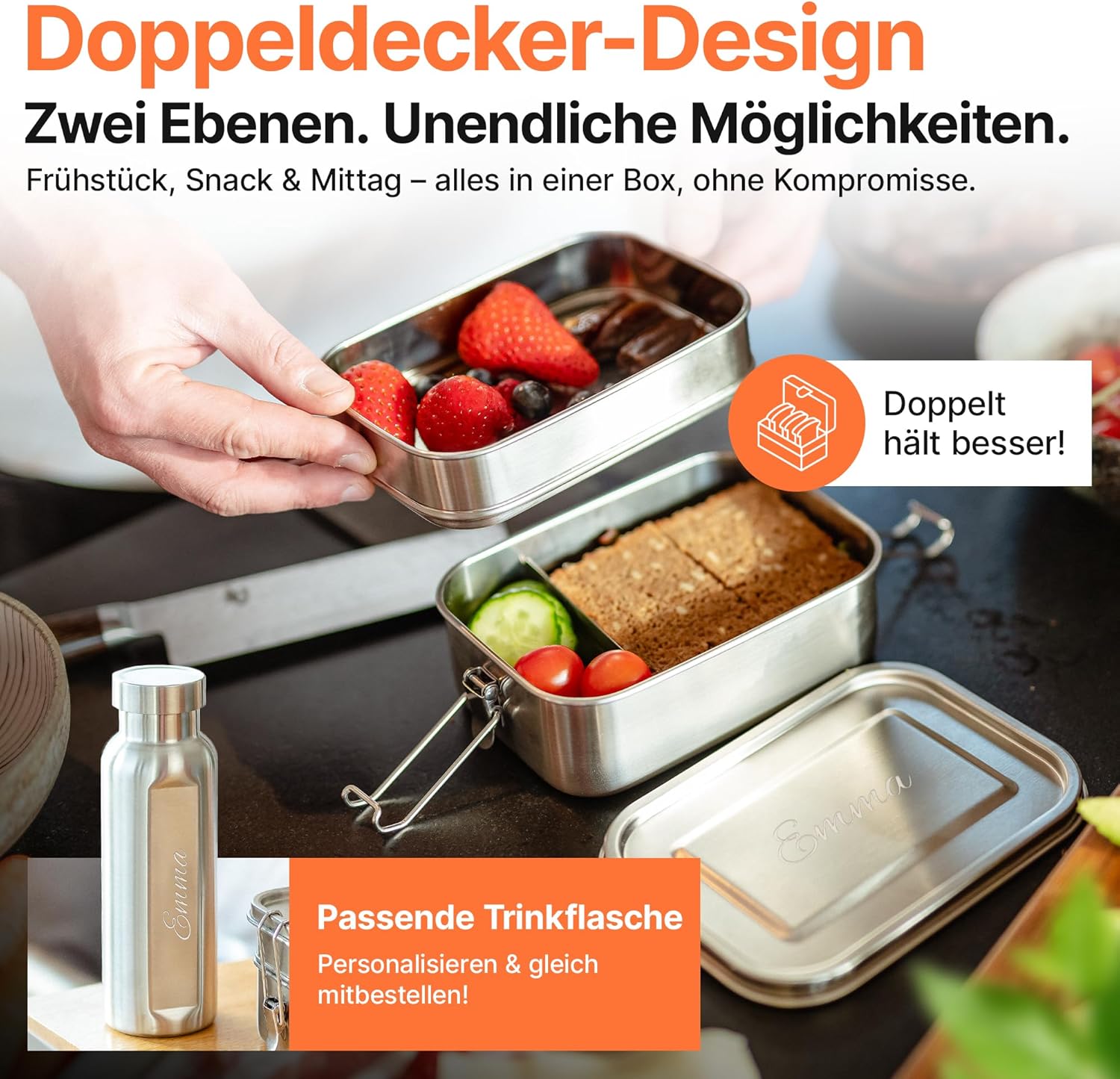 Isonio Lunchbox aus Edelstahl mit Lasergravur, inkl. Trennwand und Dichtungsring, Lunchbox, Bento-Box mit Namensgravur, M, Edelstahl-Doppeldecker – Bild 5