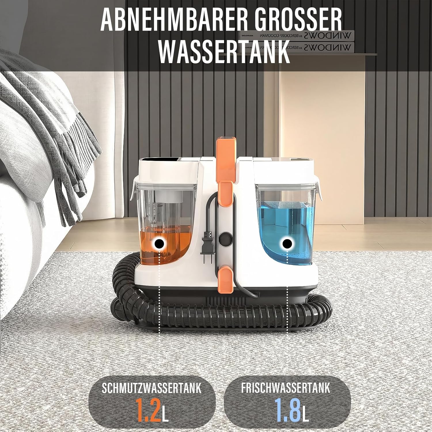 STARRYBOT Tragbare Teppich- und Polsterreinigungsmaschine für Haustiere, 15 Kpa starke Saugkraft, Fleckenentferner für Sofa, Teppich, Auto und Polster, mit 1,8 l Doppeltank (weiß) – Bild 4