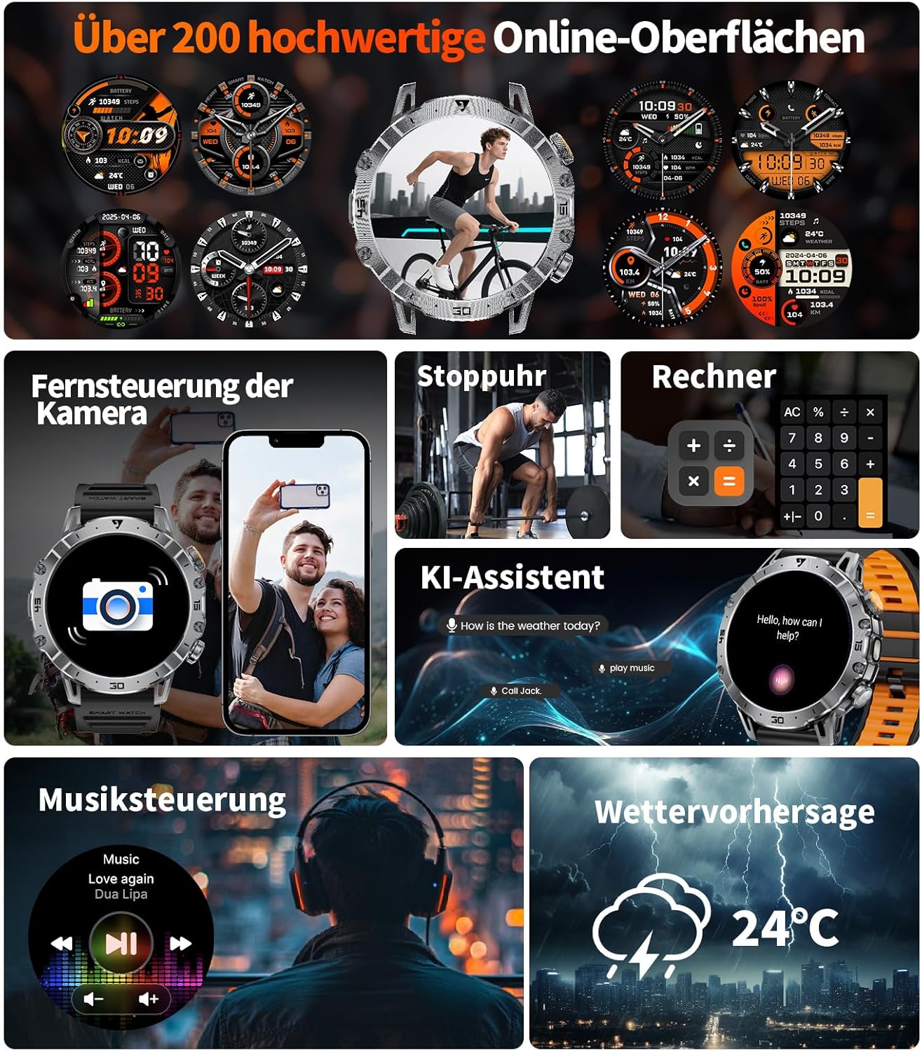 LIGE Militär-Smartwatch für Herren, 1000 mAh, großer Akku, 1,7 Zoll HD großes Display mit Telefonfunktion, LED-Taschenlampe, Fitness-Uhr mit 110+ Sportmodi, Herz-/Schlaf-Tracking, IP68-Sportuhr iOS/Android, Schwarz – Bild 6