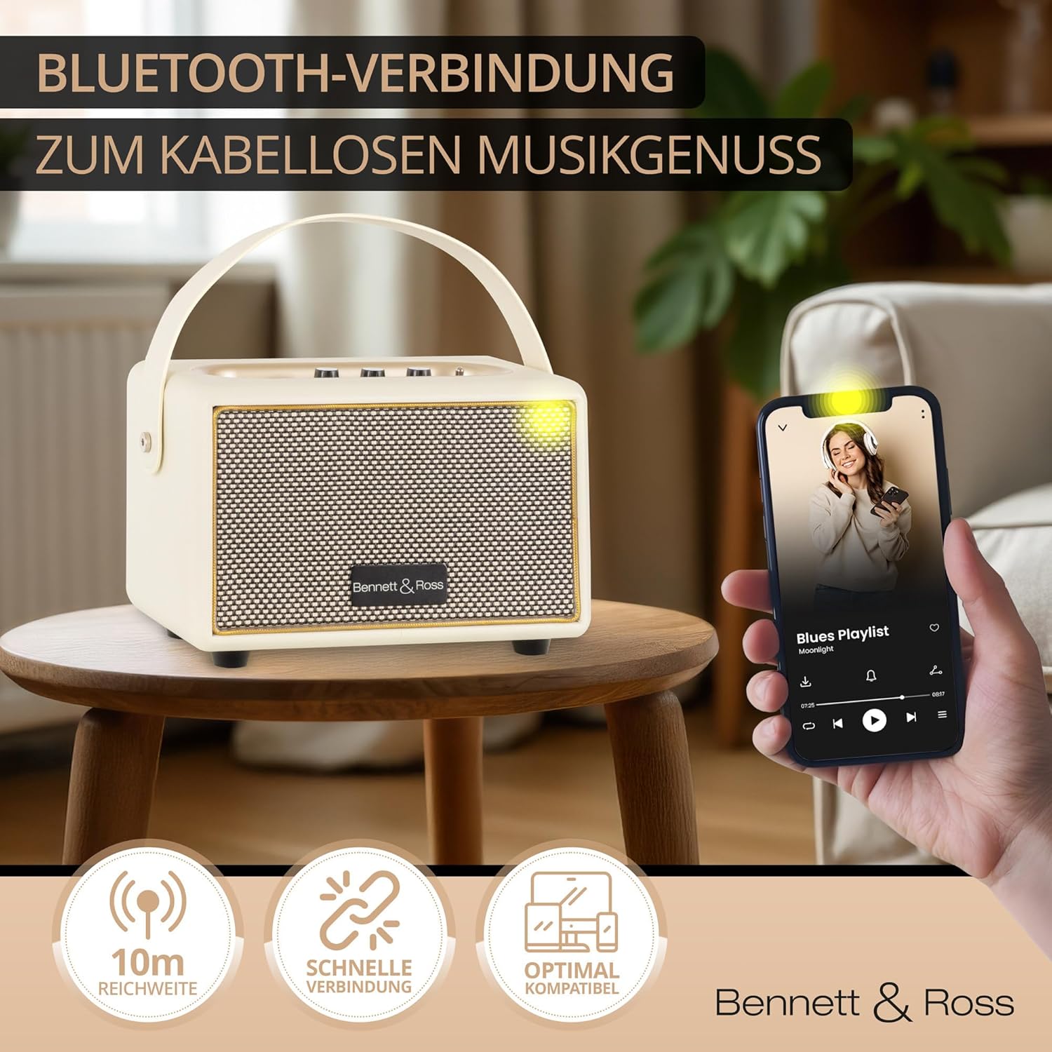 Bennett & Ross BB-820CW Blackmore Junior Retro-Bluetooth-Lautsprecher in Lederoptik mit 5200-mAh-Akku – Vintage-Lautsprecher mit 20 W – MicroSD-Eingang mit MP3-Player – Aux-in – Weiß – Bild 7