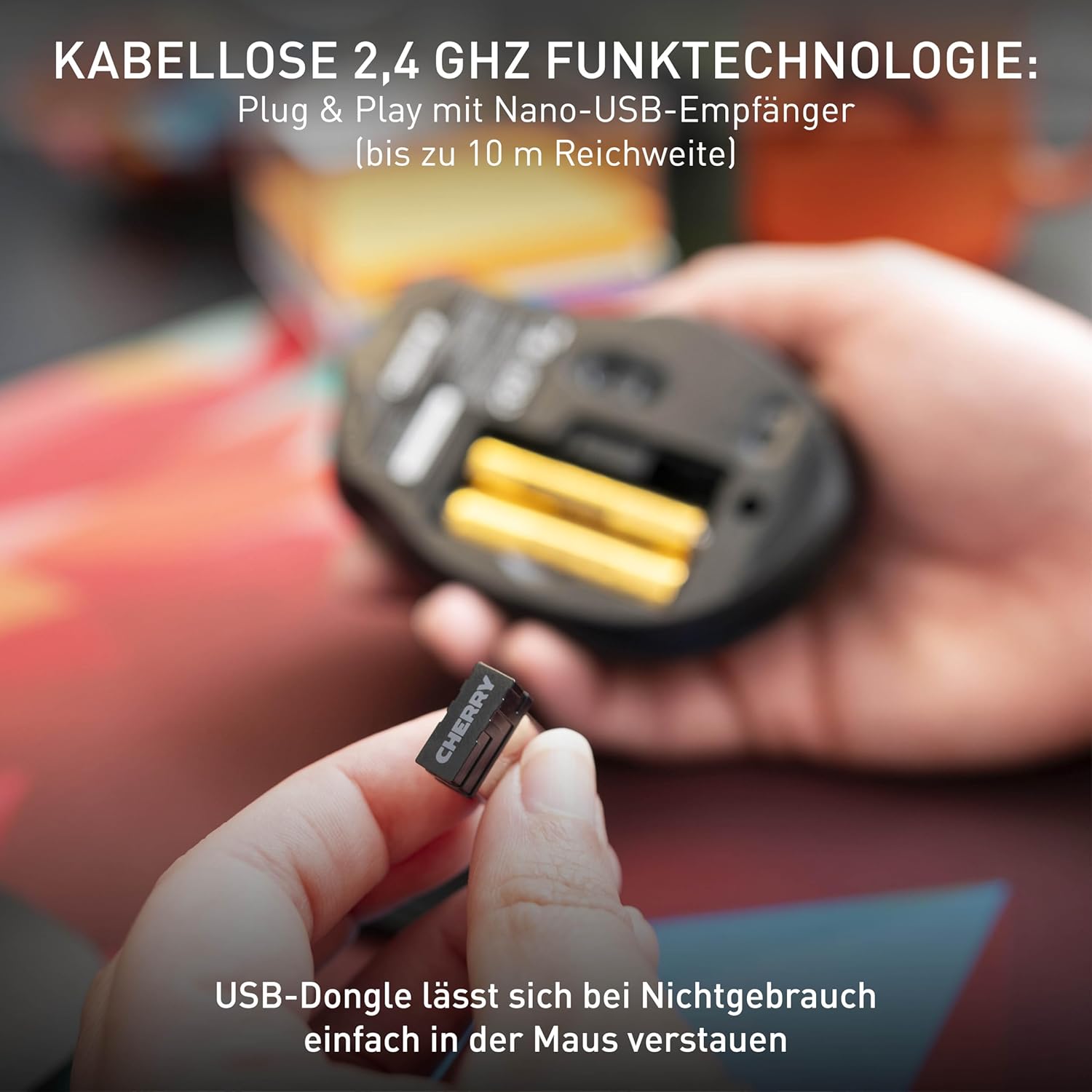 CHERRY MW 3000 kabellose ergonomische Maus für Rechtshänder, 2,4-GHz-Funk, 6 Tasten, optischer Sensor, gummierte Seiten, batteriebetrieben, schwarz – Bild 5