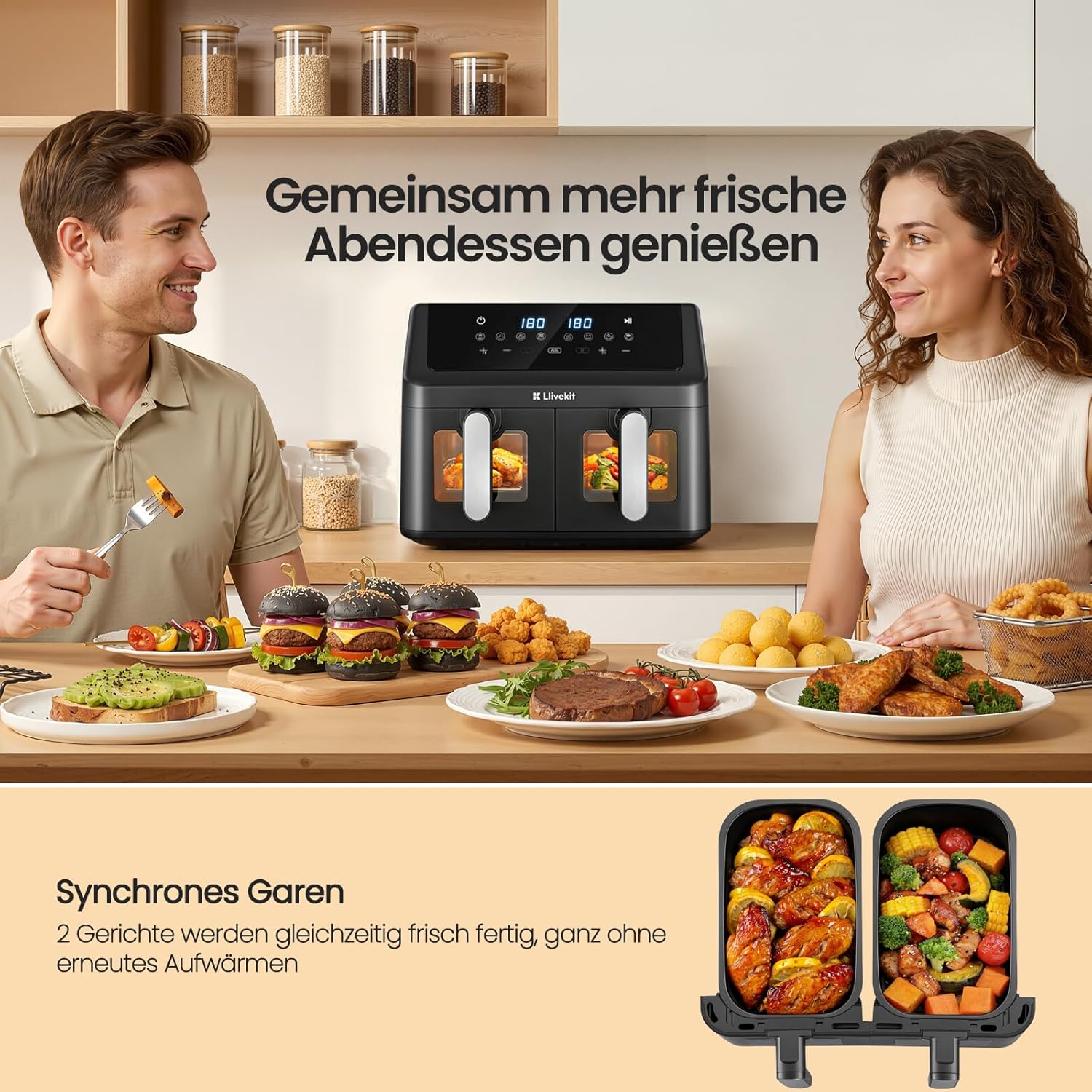 LLIVEKIT 9L Doppelkammer-Heißluftfritteuse, 2 x 4,5 L Airfryer mit automatischer Abschaltung, 4D-Konvektion, 70 % Energieeinsparung, 8 Programme, Sync-Finish, spülmaschinenfest, PFOA-frei – Bild 5