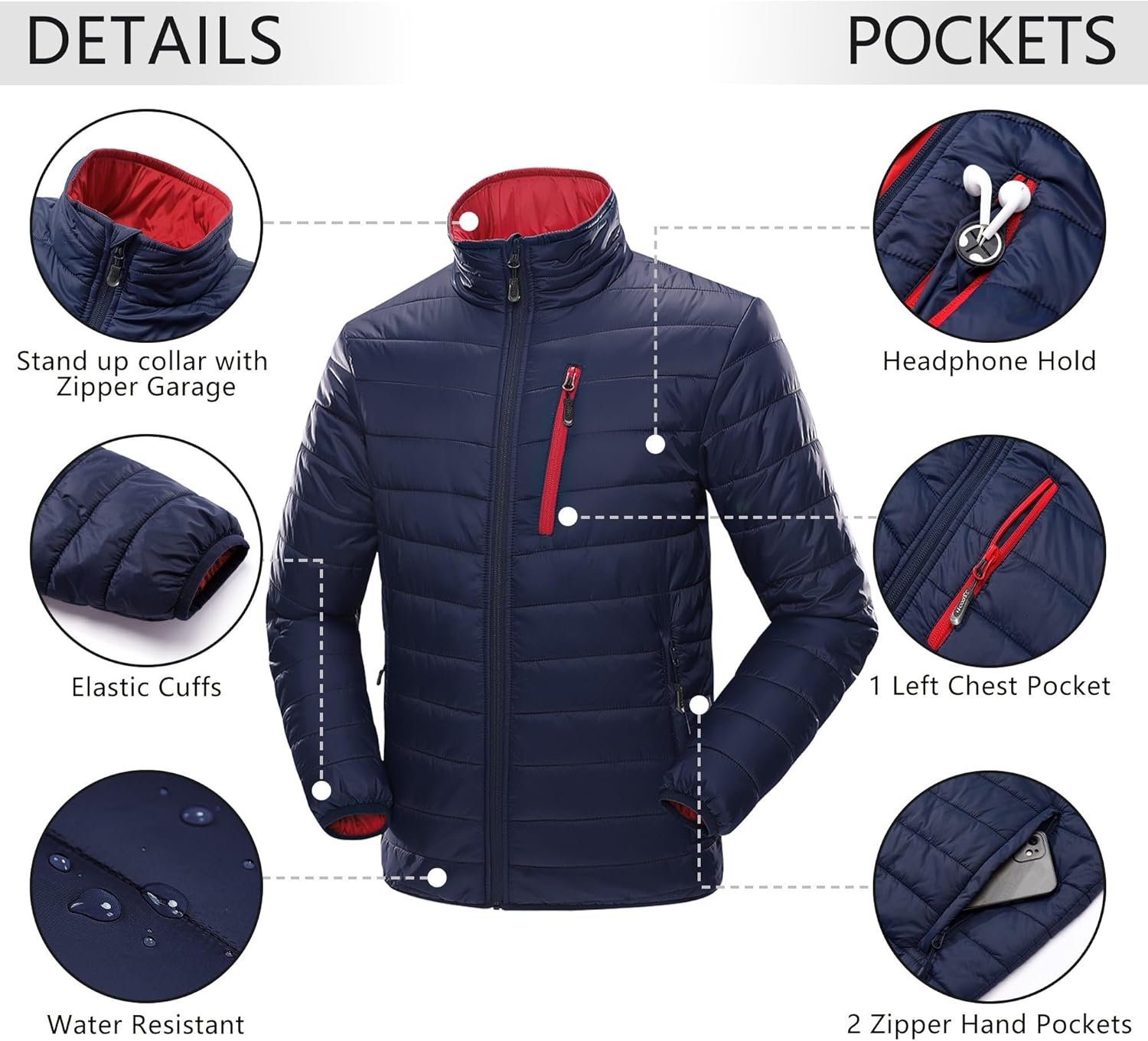 33.000ft Herren-Steppjacke, leichte Übergangsjacke im Daunenjacken-Look, Winterjacke für Herren, gefüttert mit Taschen, verstaubar für Freizeit, Wandern, Reisen, leichte Pufferjacke – Bild 4