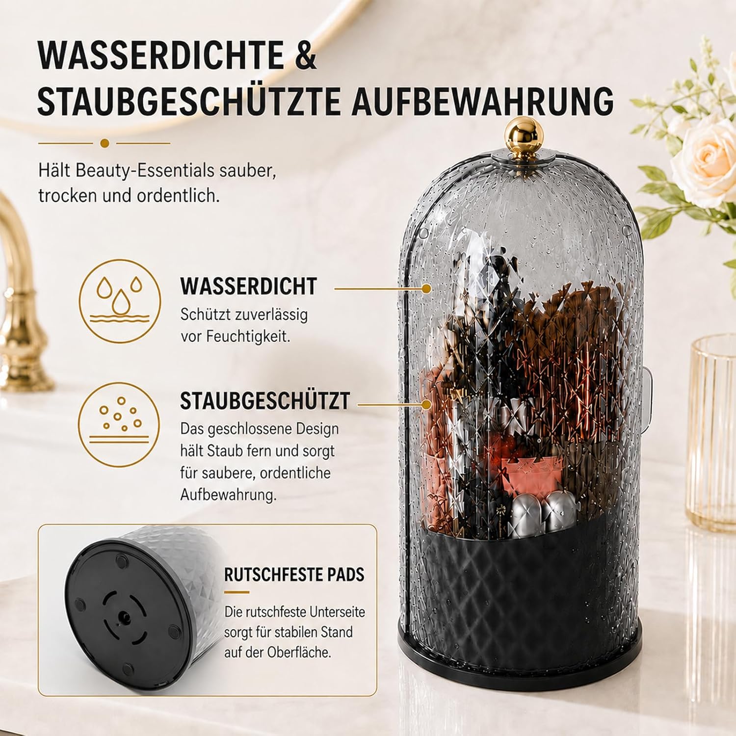 FAVORTALK Make-up-Pinselhalter mit Deckel, 360° drehbarer Make-up-Organizer, Make-up-Pinsel-Organizer, drehbarer Kosmetikpinselhalter, Make-up-Pinsel-Organizer für Schminktisch (schwarz) – Bild 3