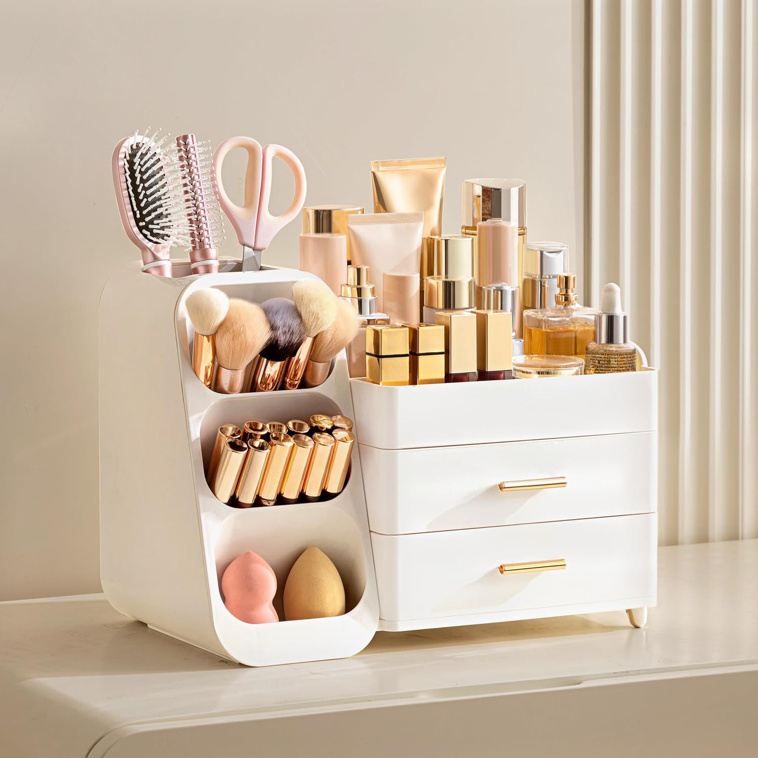 HBlife Make-up-Kosmetik-Organizer mit Schubladen, Pinsel-Organizer, 3-in-1-Kosmetik-Aufbewahrungsbox aus Kunststoff, Make-up-Aufbewahrungsbox, großer Stauraum, weiß – Bild 5