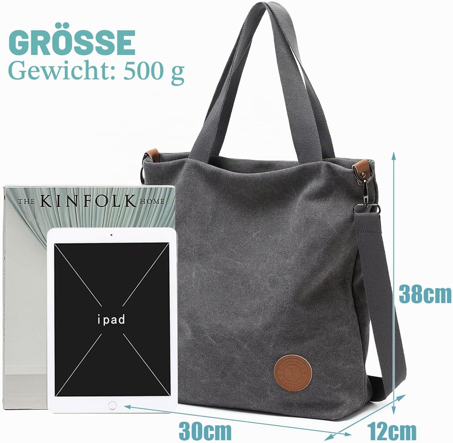 Janben Damen-Handtasche aus Segeltuch, Umhängetasche, lässige multifunktionale Umhängetasche, groß für Arbeit/Schule/Shopper, lässig, täglicher Gebrauch, Schwarz – Bild 4