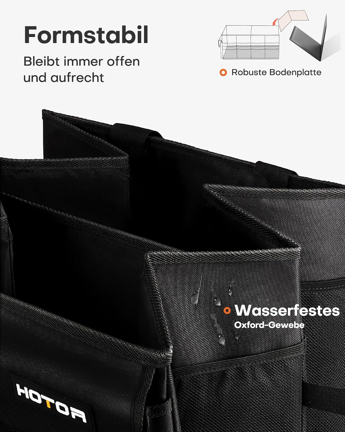 HOTOR Kofferraum-Organizer – faltbarer Kofferraum-Organizer mit 2 Fächern, stabiler Auto-Organizer für SUVs, schwarze Kofferraumtasche, verstärkte und stabile Faltbox, 54,1 x 32,0 x 26,9 cm – Bild 3