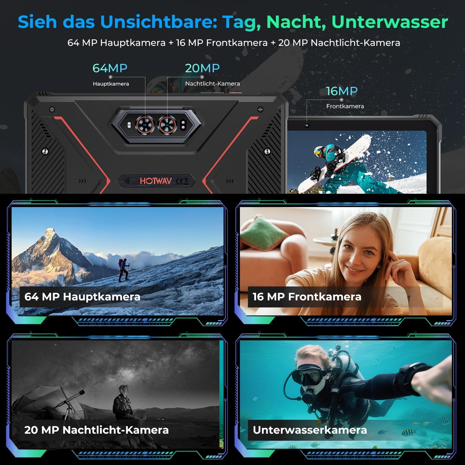 HOTWAV R9 Ultra 5G Outdoor-Tablet, wasserdichtes Tablet mit Stift, Android 15, 11 Zoll 2K FHD+ Rugged Tablets 24 GB + 512 GB + 2 TB, 20080 mAh 20 W Schnellladung, 64 MP + 16 MP IP68/IP69K, Dual-SIM/5G WiFi/GPS/OTG – Bild 5