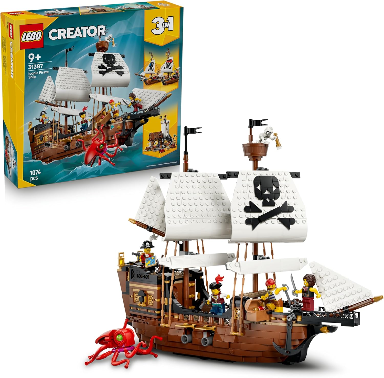 LEGO Creator Legendäres Piratenschiff-Spielzeug, Modellbau mit 2 Bauoptionen, Schloss oder 2 Zwillingsbooten, Kinderzimmerdekoration, Geburtstagsgeschenk für Jungen und Mädchen ab 9 Jahren, 31387