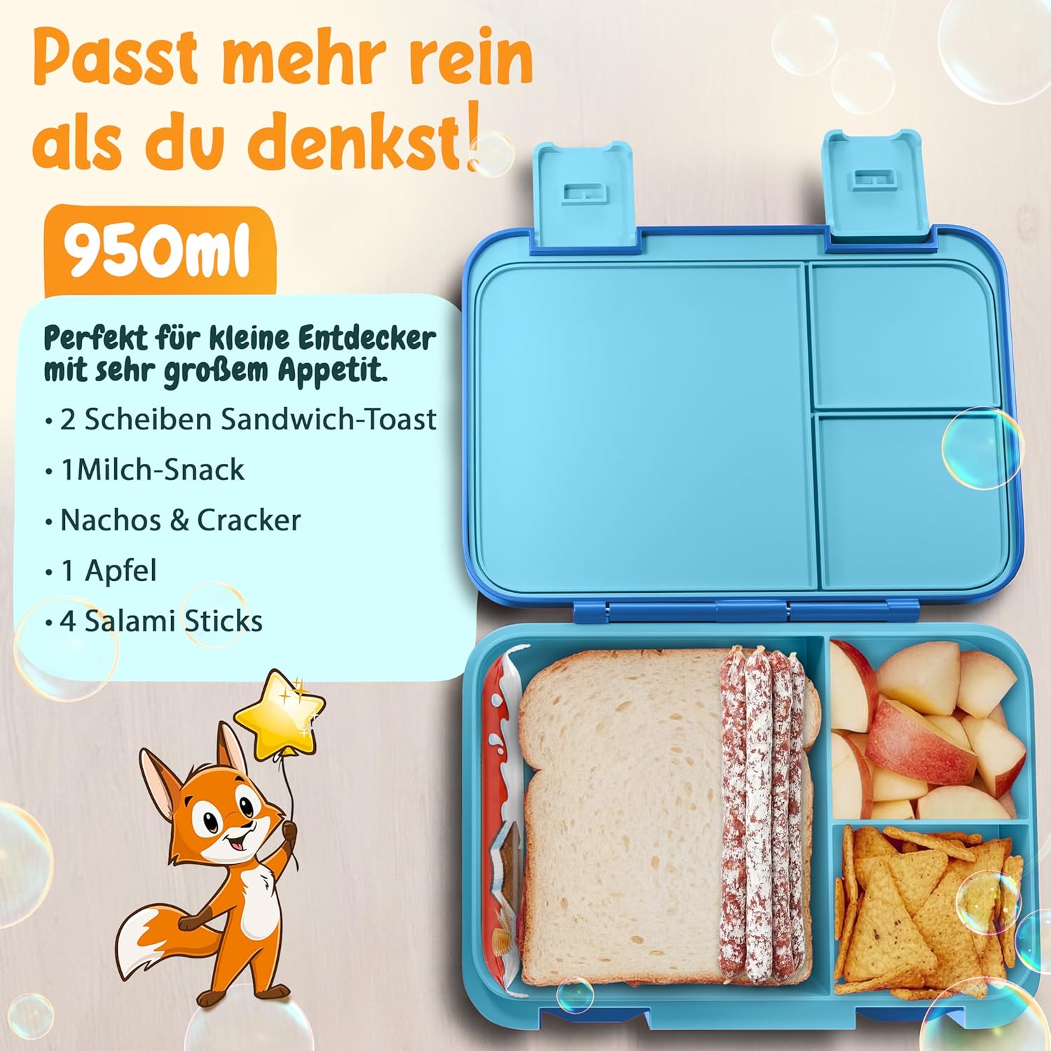 Funkelfuchs Lumi, Kinder-Brotdose mit Fächern, 950 ml, blau, BPA-freie Lunchbox für Schule & Kindergarten, superleicht, nur 350 g, auslaufsicher, spülmaschinenfest, Bento-Box, Snack-Box, Brotbox – Bild 4
