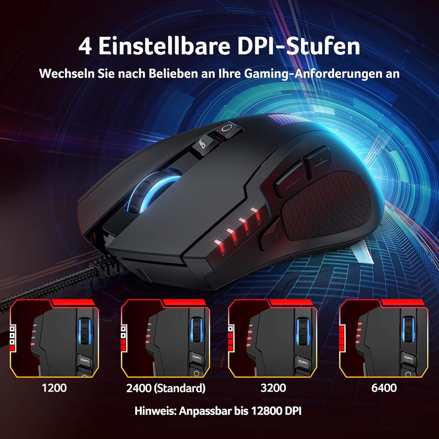 Acer Gaming-Maus mit Kabel 12800 DPI, kabelgebundene Computer-Gaming-Maus mit Treiber, 1000 Hz Abfragerate und 8 programmierbaren Tasten, Schnellfeuertaste und RGB-Lichtern, PC-Gaming-Maus, ideal für PC/Laptop – Bild 3
