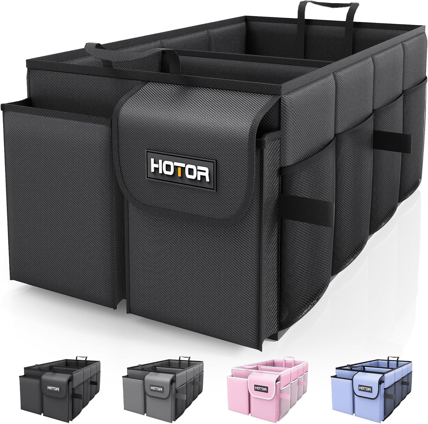 HOTOR Kofferraum-Organizer – faltbarer Kofferraum-Organizer mit 2 Fächern, stabiler Auto-Organizer für SUVs, schwarze Kofferraumtasche, verstärkte und stabile Faltbox, 54,1 x 32,0 x 26,9 cm