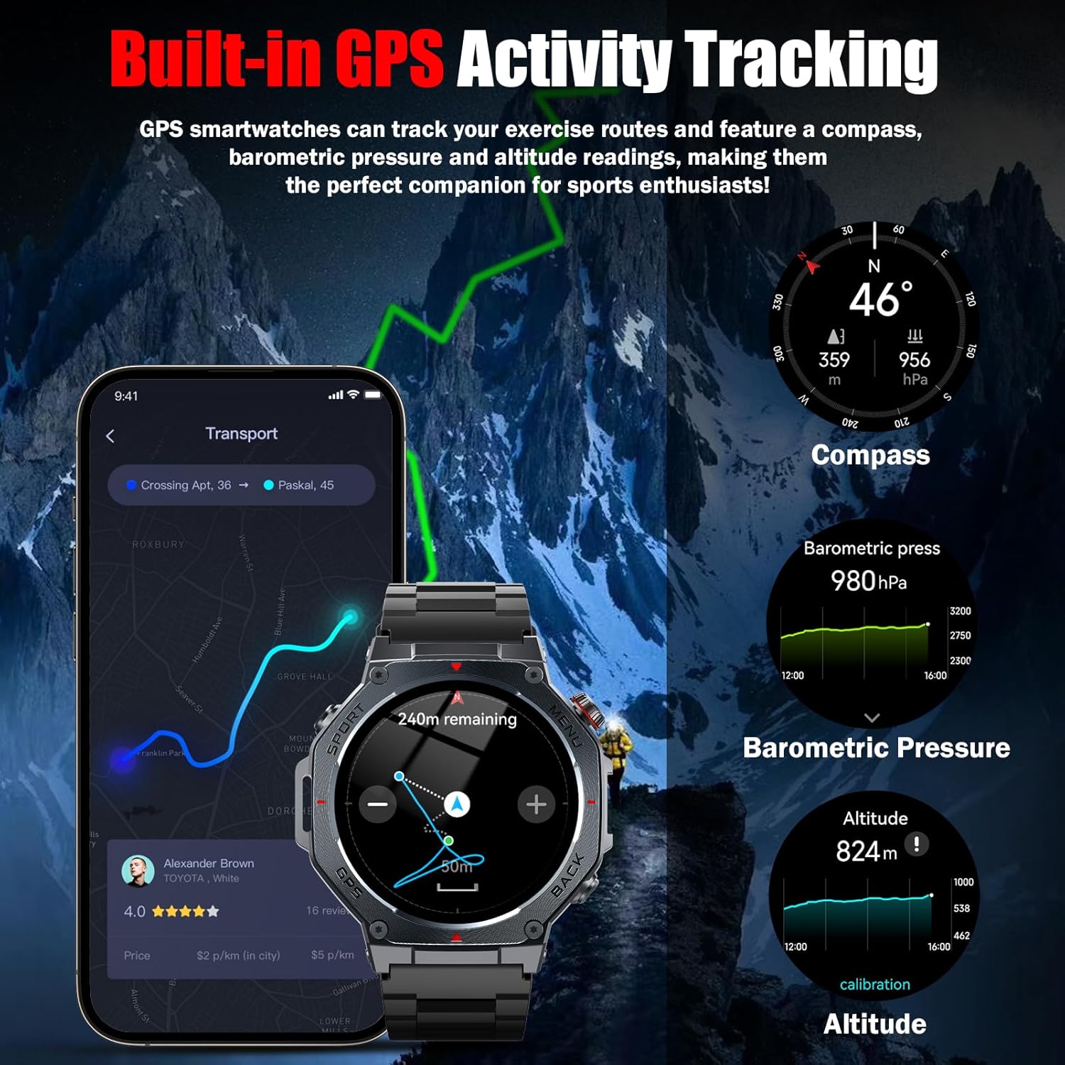 Smartwatch Herren Militär GPS, 1,43 Zoll AMOLED Fitnessuhr mit Bluetooth Anrufen, 160+ Sportmodi Kompass, 5ATM wasserdicht, 24/7 Herzfrequenz, Schlafmonitor, Schrittzähler, Sportuhr Android für iOS – Bild 2