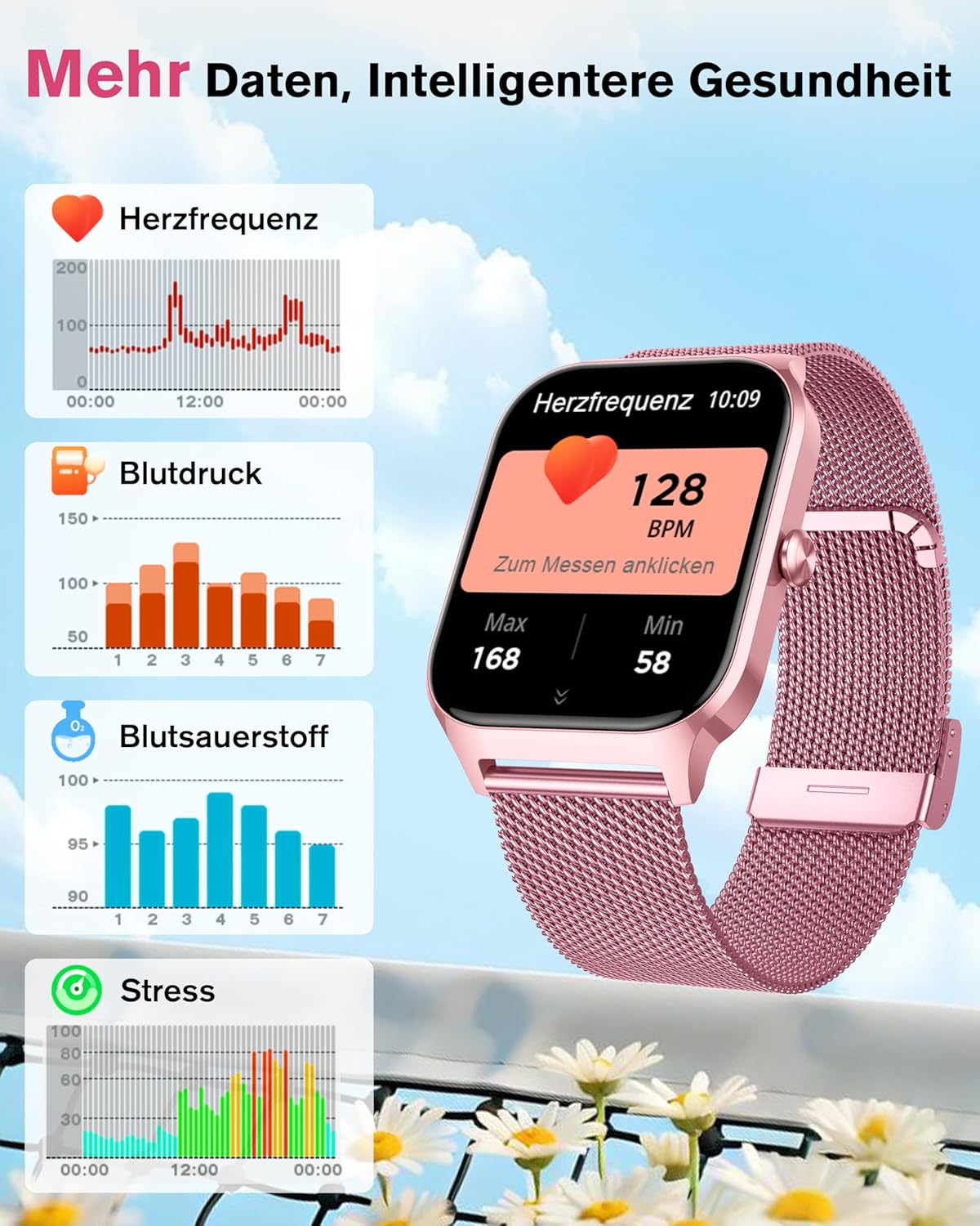 KALINCO Smartwatch Herren Damen Blutdruckuhr mit Bluetooth-Telefonie, AI Fitness Tracker mit Herzfrequenz SpO2 Stress, 100+ Sportmodi, Fitnessuhr, Weltuhr, Schlafanalyse, Geschenkideen für iOS Android – Bild 5