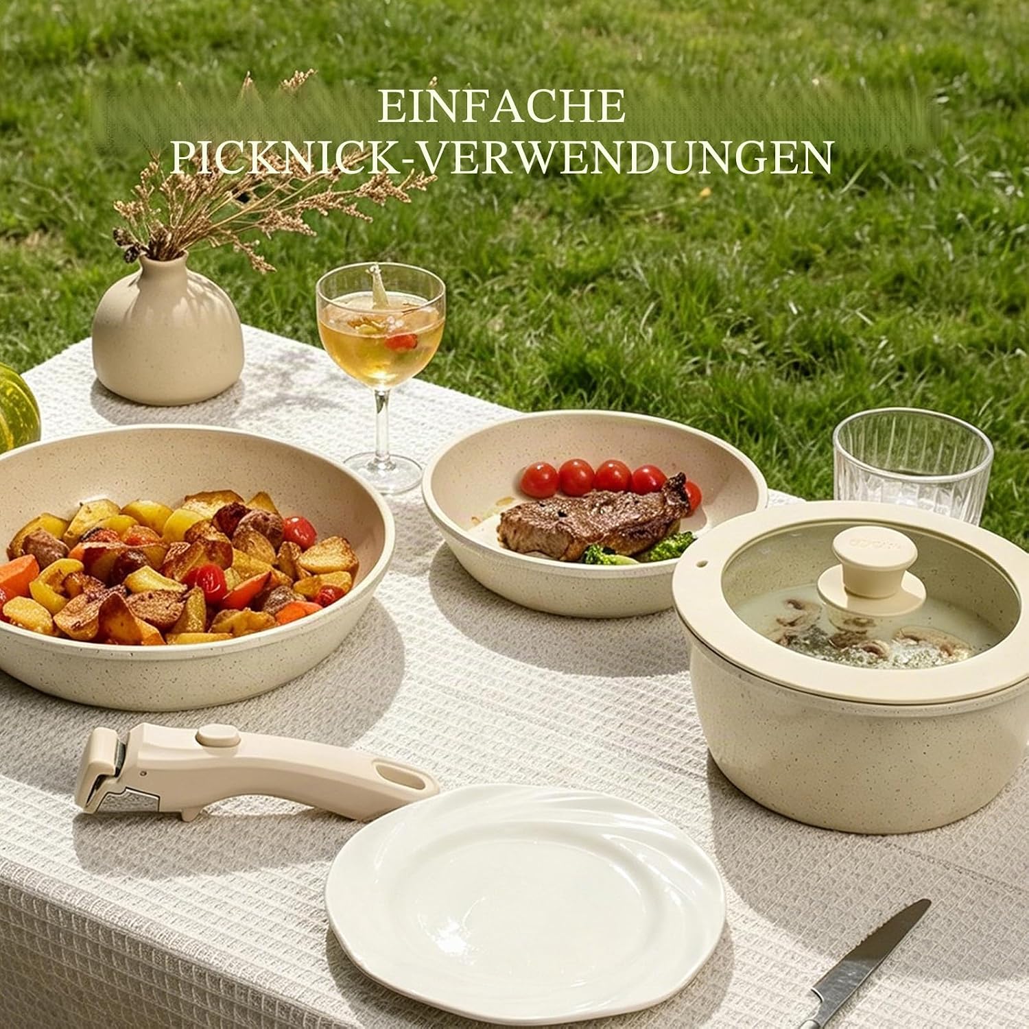 Keramik-Pfannenset mit abnehmbarem Griff, Induktion, 8-teilige Topfsets, platzsparendes Kochgeschirr, Bratpfannen, ofen- und spülmaschinenfest, PFAS/PFOA-frei, Cremeweiß – Bild 8